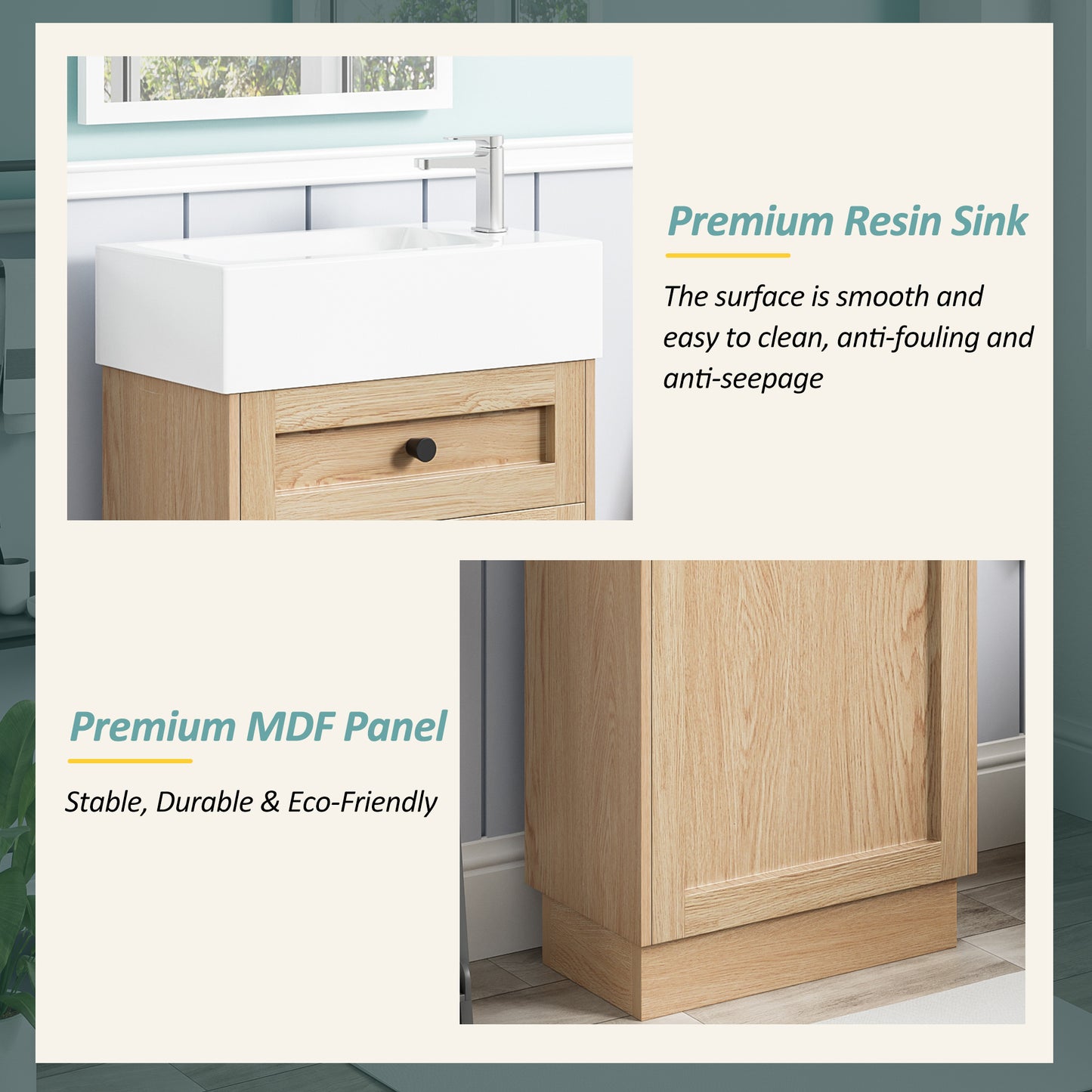 VanityFus 18.5-in Bathroom Vanity Wood Single Sink Combo Resin Top Soft-Close Doors Adjustable Shelves