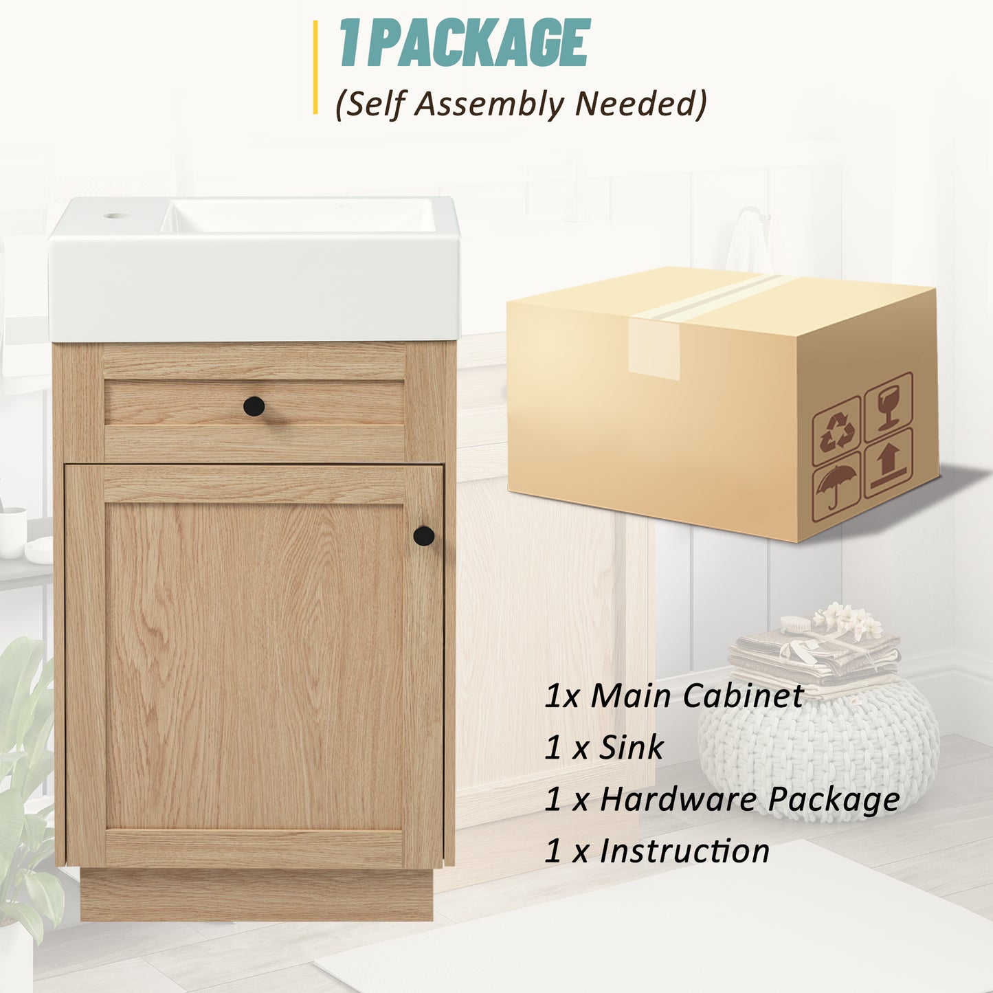 VanityFus 18.5-in Bathroom Vanity Wood Single Sink Combo Resin Top Soft-Close Doors Adjustable Shelves