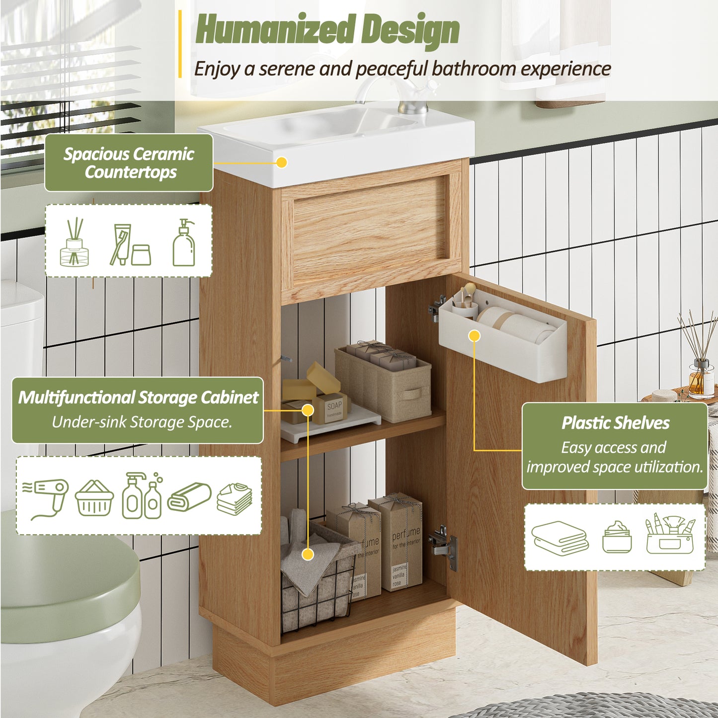 VanityFus 15.75-in Bathroom Vanity Wood Single Sink Combo Resin Top Soft-Close Doors Adjustable Shelves