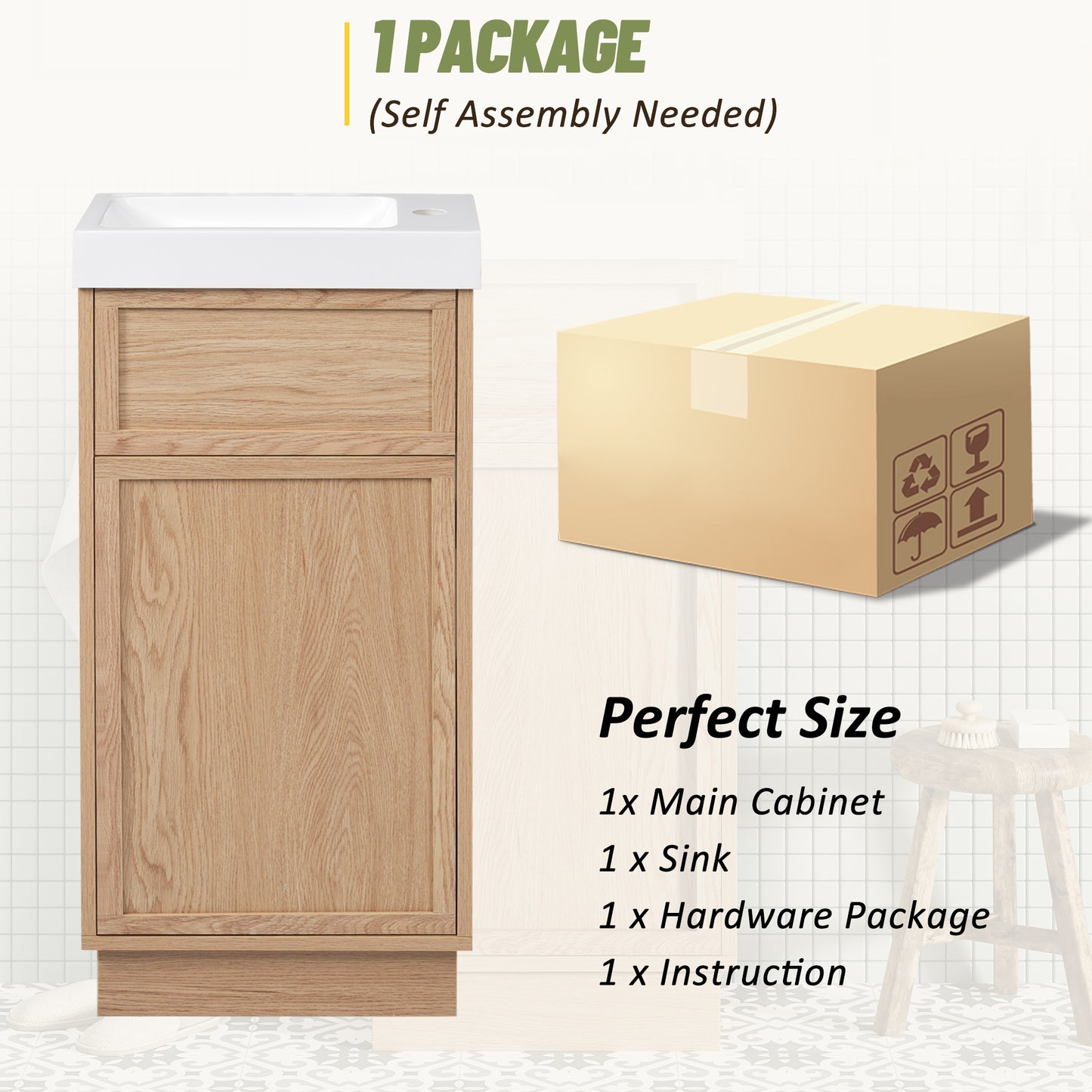 VanityFus 15.75-in Bathroom Vanity Wood Single Sink Combo Resin Top Soft-Close Doors Adjustable Shelves
