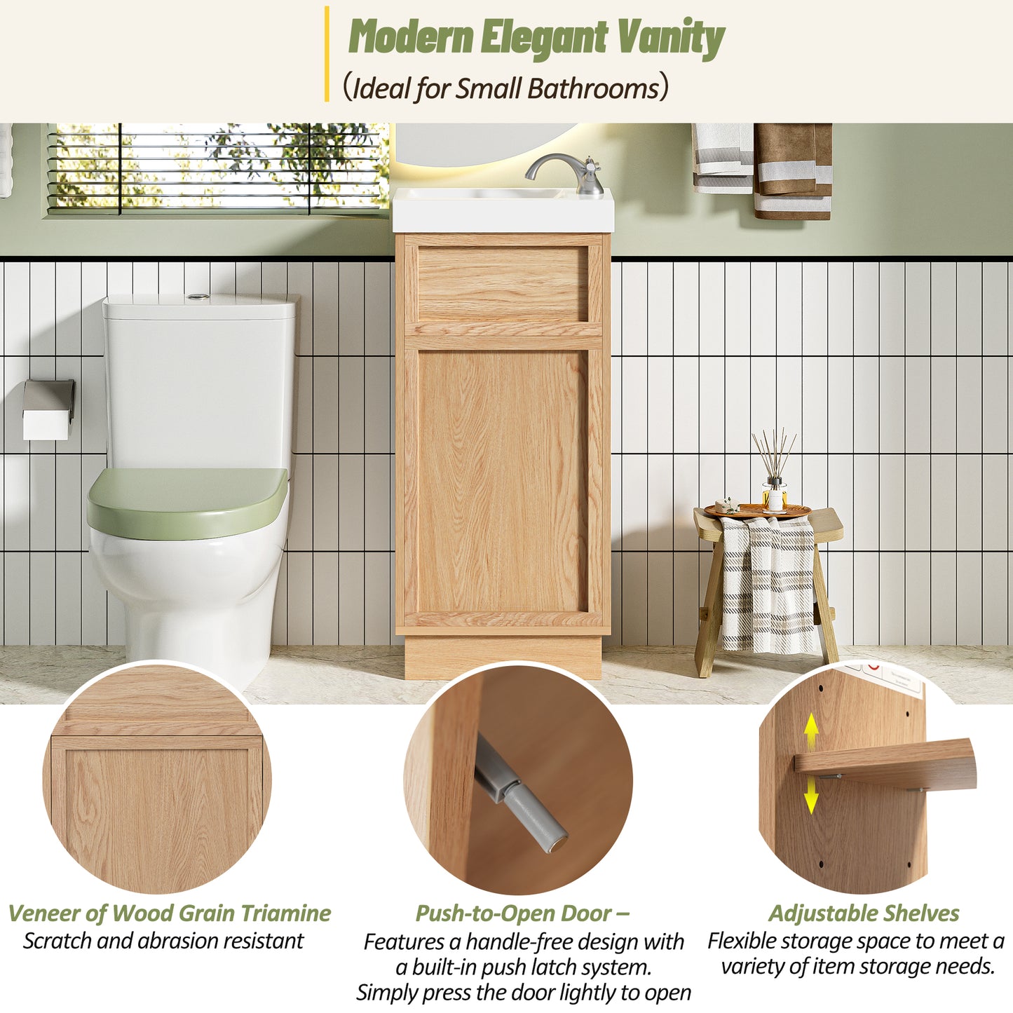 VanityFus 15.75-in Bathroom Vanity Wood Single Sink Combo Resin Top Soft-Close Doors Adjustable Shelves