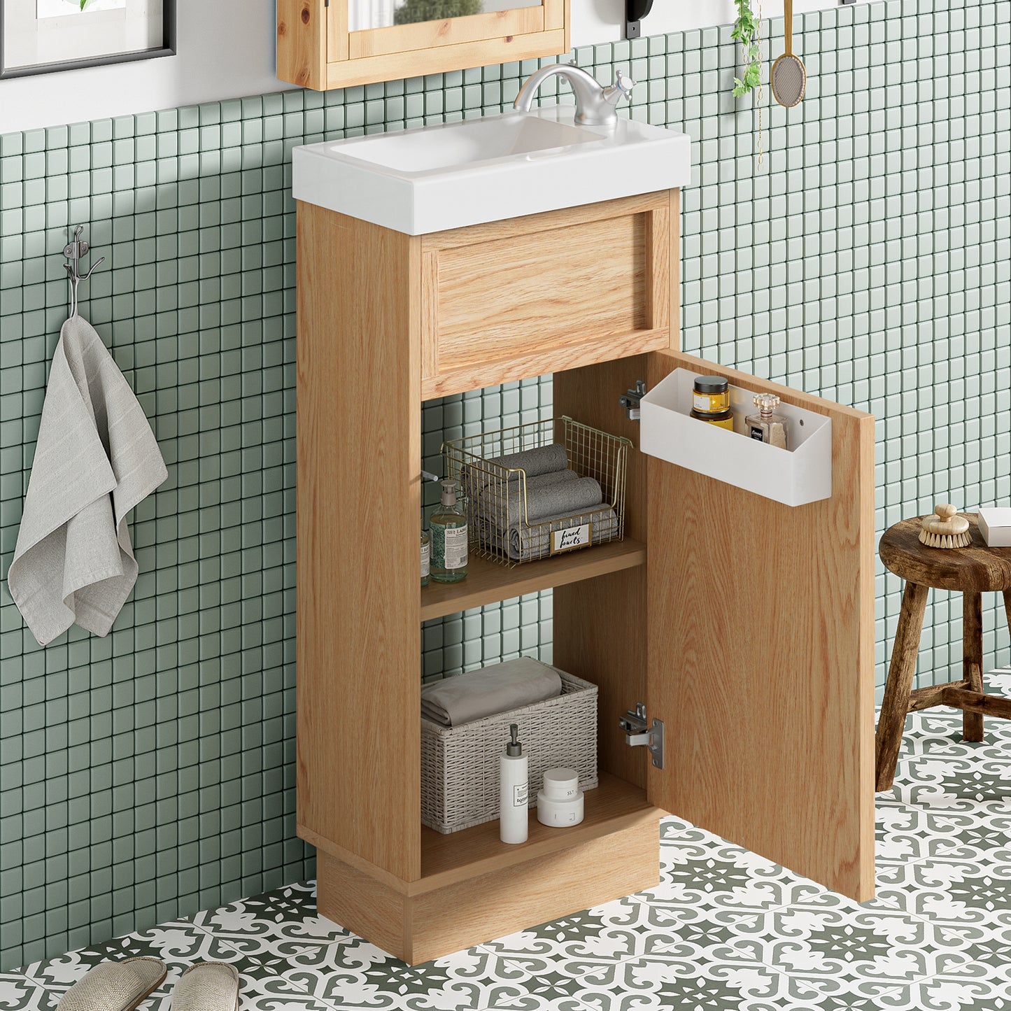 VanityFus 15.75-in Bathroom Vanity Wood Single Sink Combo Resin Top Soft-Close Doors Adjustable Shelves