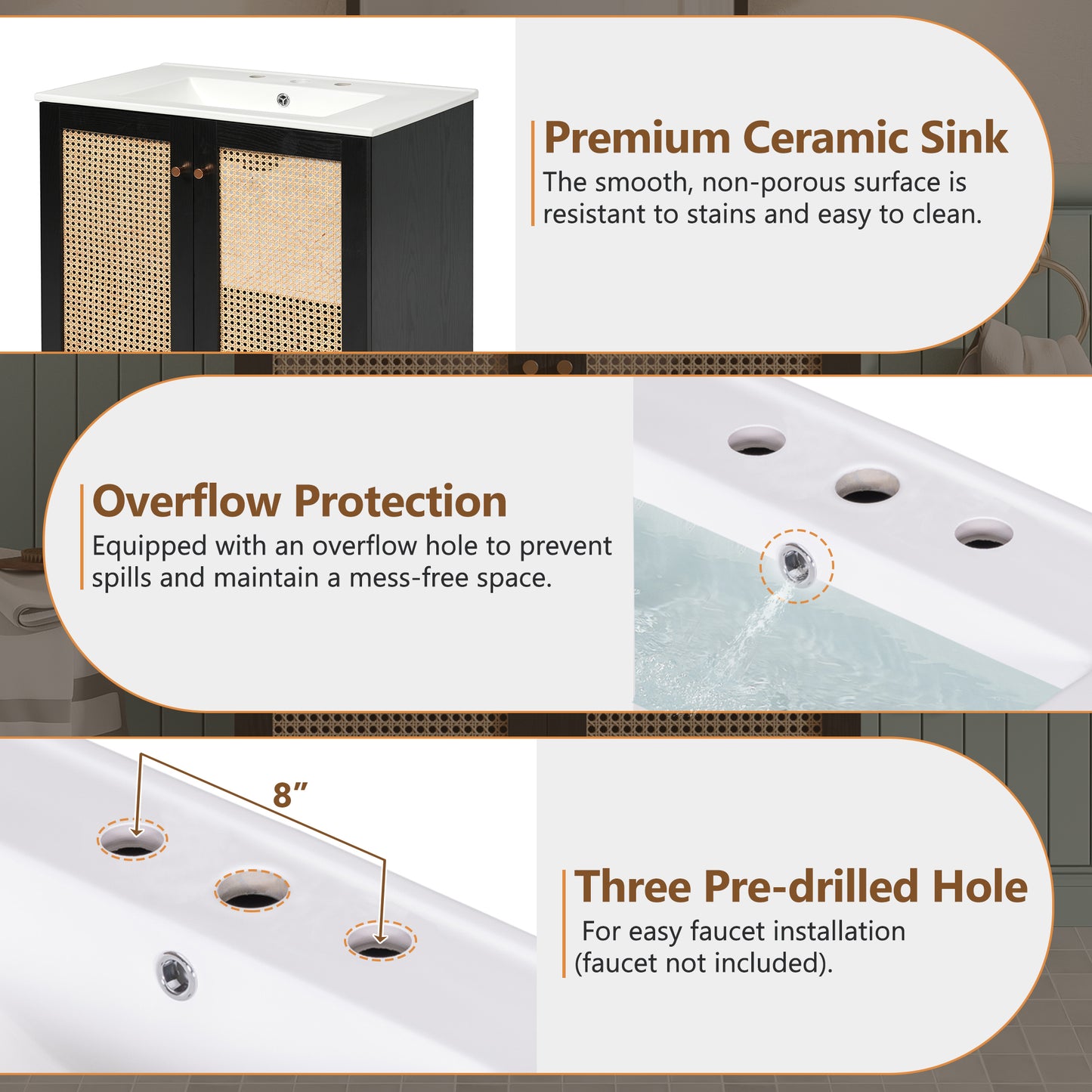 VanityFus 29.84-in Black Bathroom Vanity Single Sink Combo Ceramic Top 2 Soft-Close Doors Adjustable shelve
