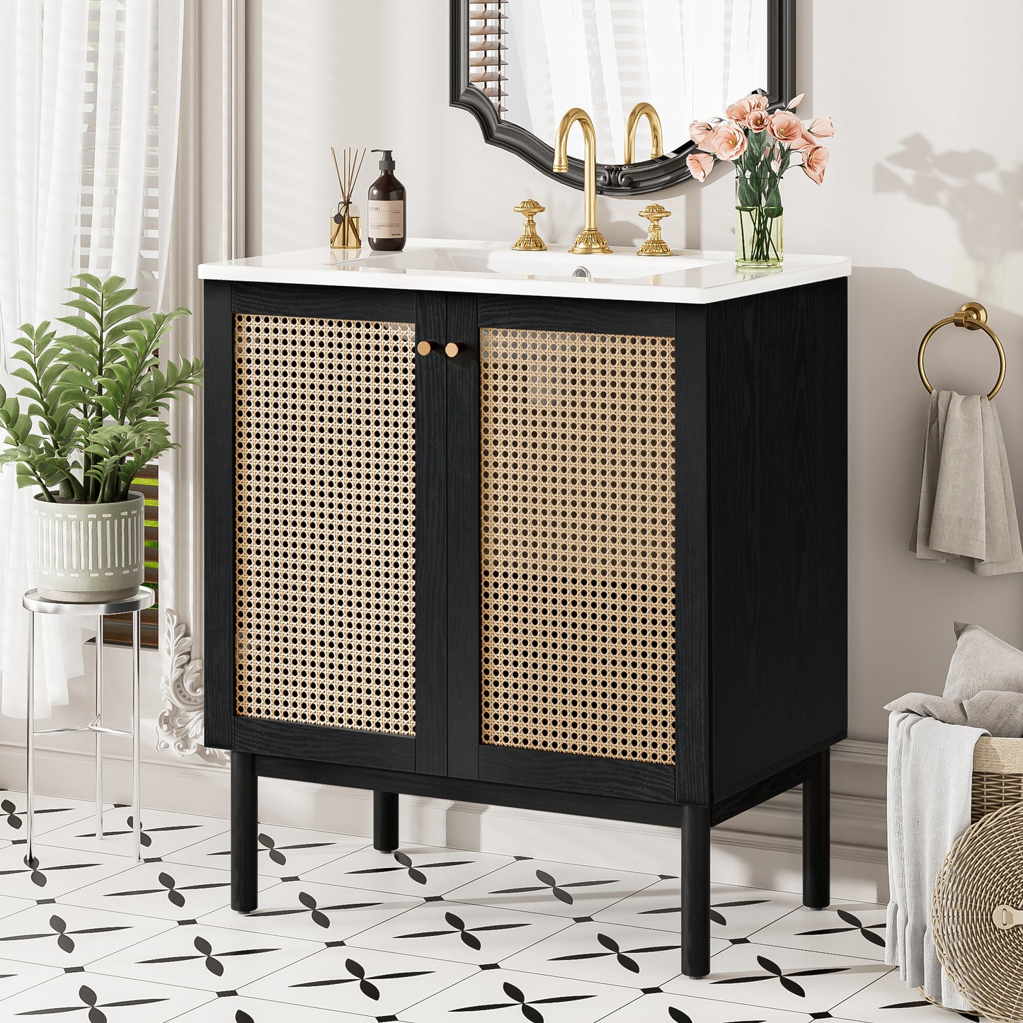 VanityFus 29.84-in Black Bathroom Vanity Single Sink Combo Ceramic Top 2 Soft-Close Doors Adjustable shelve