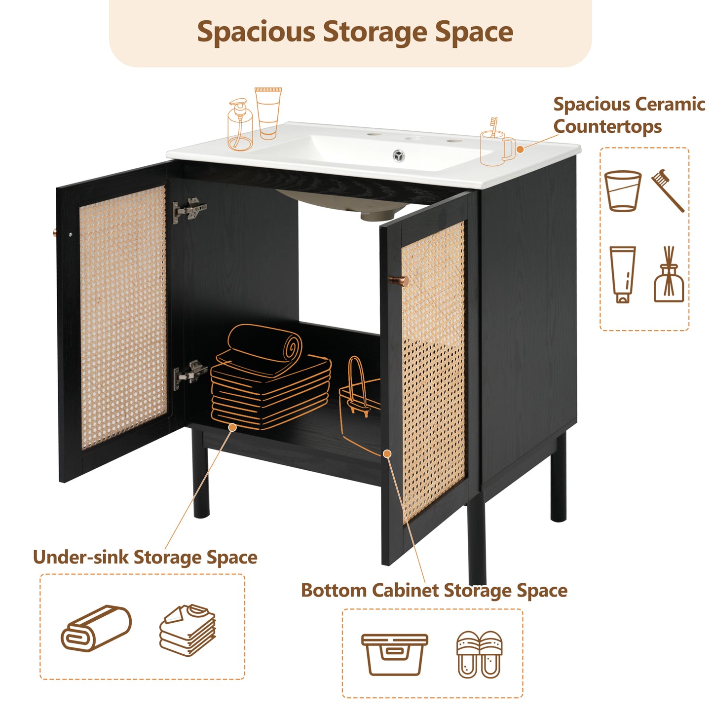 VanityFus 29.84-in Black Bathroom Vanity Single Sink Combo Ceramic Top 2 Soft-Close Doors Adjustable shelve