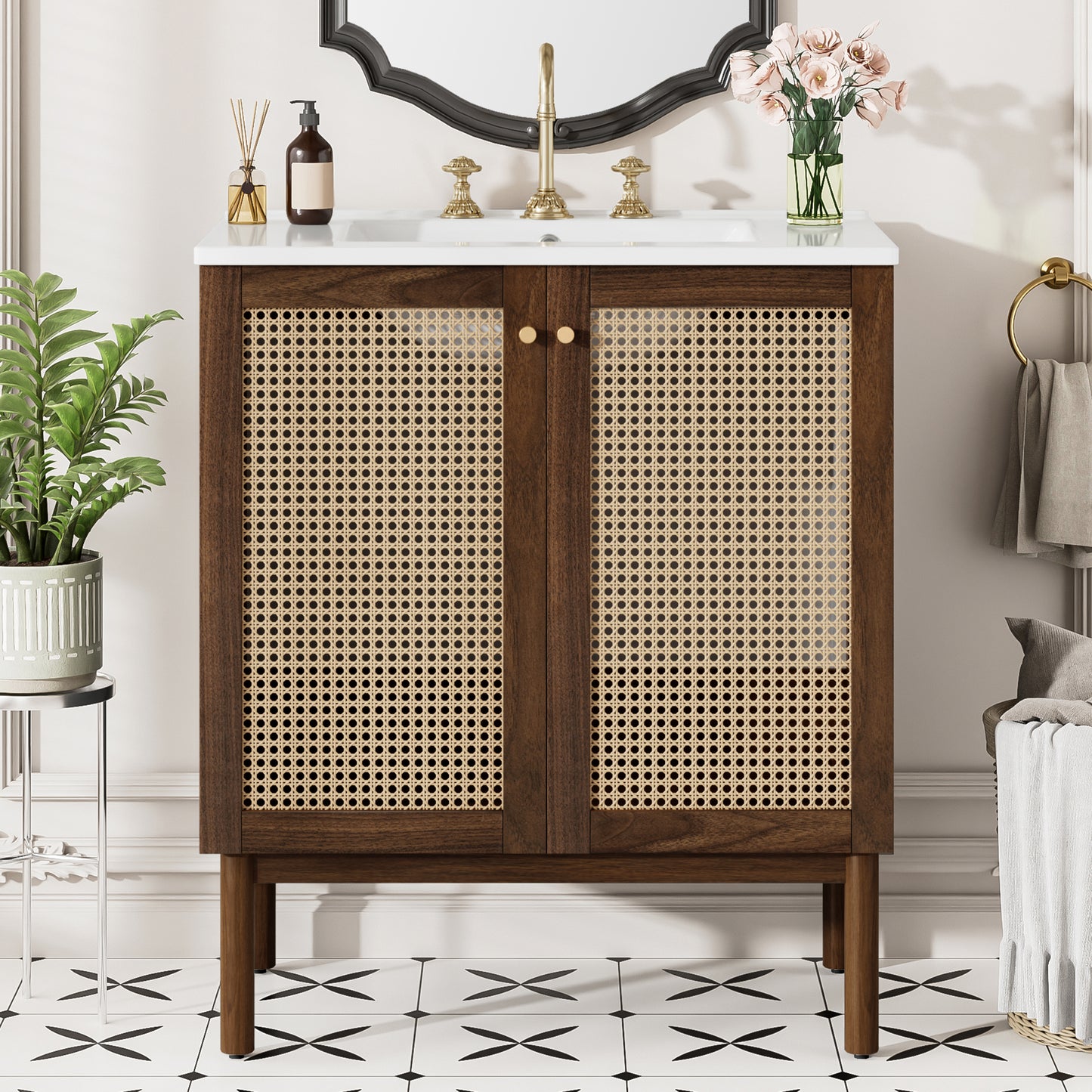 VanityFus Dark Walnut 29.9-in Bathroom Vanity Single Sink Combo Ceramic Top 2 Soft-Close Doors Adjustable shelves
