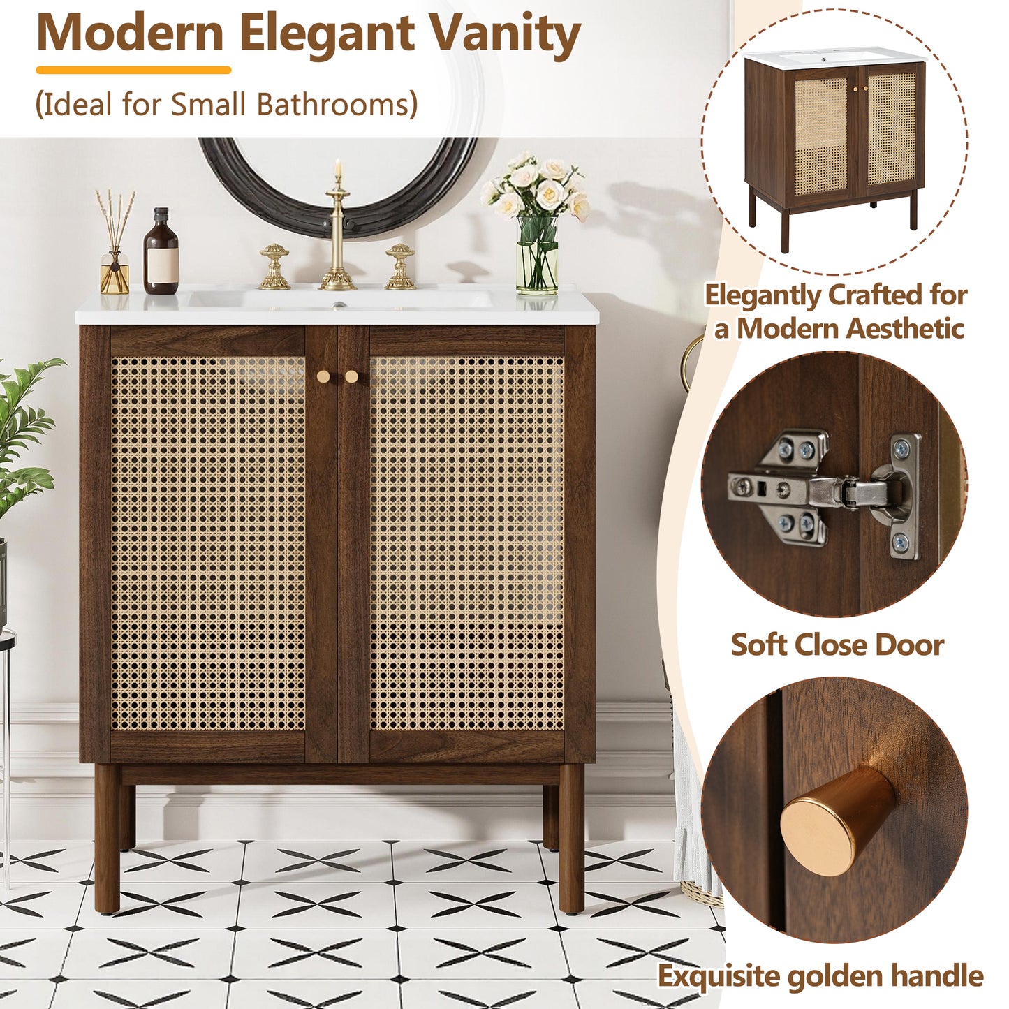 VanityFus Dark Walnut 29.9-in Bathroom Vanity Single Sink Combo Ceramic Top 2 Soft-Close Doors Adjustable shelves