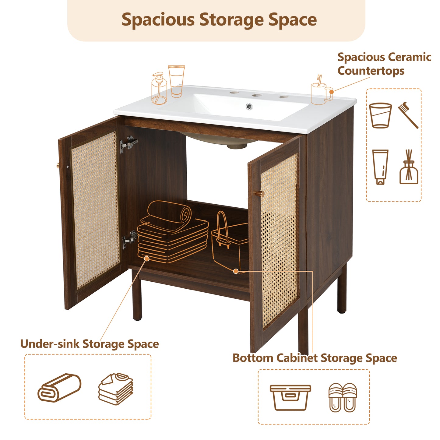VanityFus Dark Walnut 29.9-in Bathroom Vanity Single Sink Combo Ceramic Top 2 Soft-Close Doors Adjustable shelves