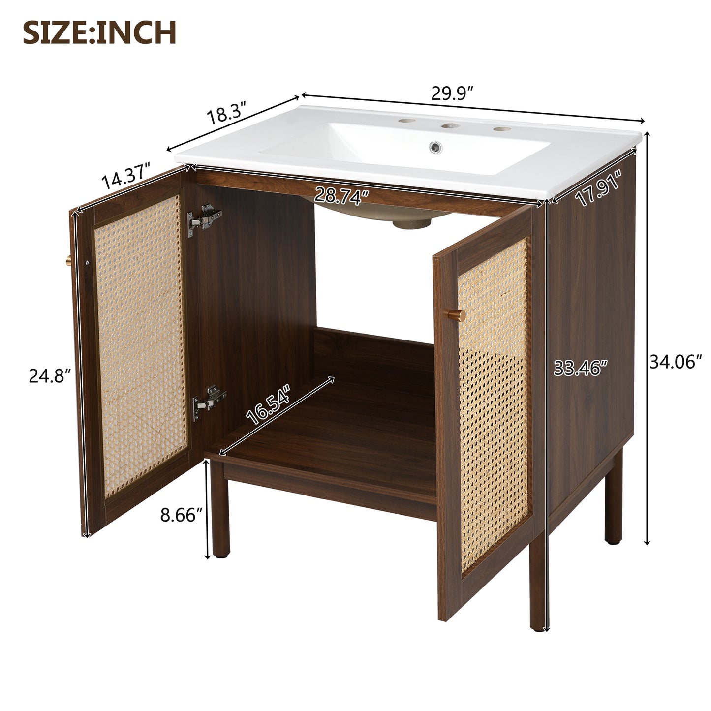 VanityFus Dark Walnut 29.9-in Bathroom Vanity Single Sink Combo Ceramic Top 2 Soft-Close Doors Adjustable shelves