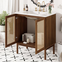 VanityFus Dark Walnut 29.9-in Bathroom Vanity Single Sink Combo Ceramic Top 2 Soft-Close Doors Adjustable shelves