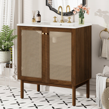 VanityFus Dark Walnut 29.9-in Bathroom Vanity Single Sink Combo Ceramic Top 2 Soft-Close Doors Adjustable shelves