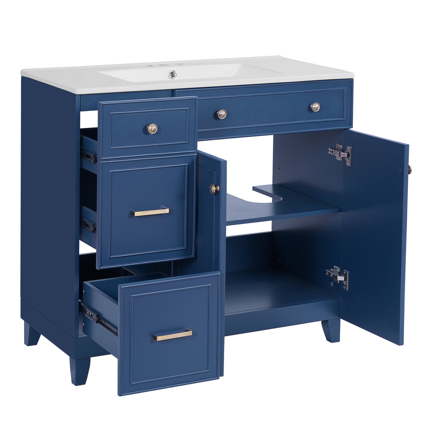 VanityFus 36-in Blue Bathroom Vanity Single Sink Combo with Ceramic White Top 2 Soft-Close Doors 2 drawer