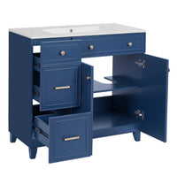 VanityFus 36-in Blue Bathroom Vanity Single Sink Combo with Ceramic White Top 2 Soft-Close Doors 2 drawer