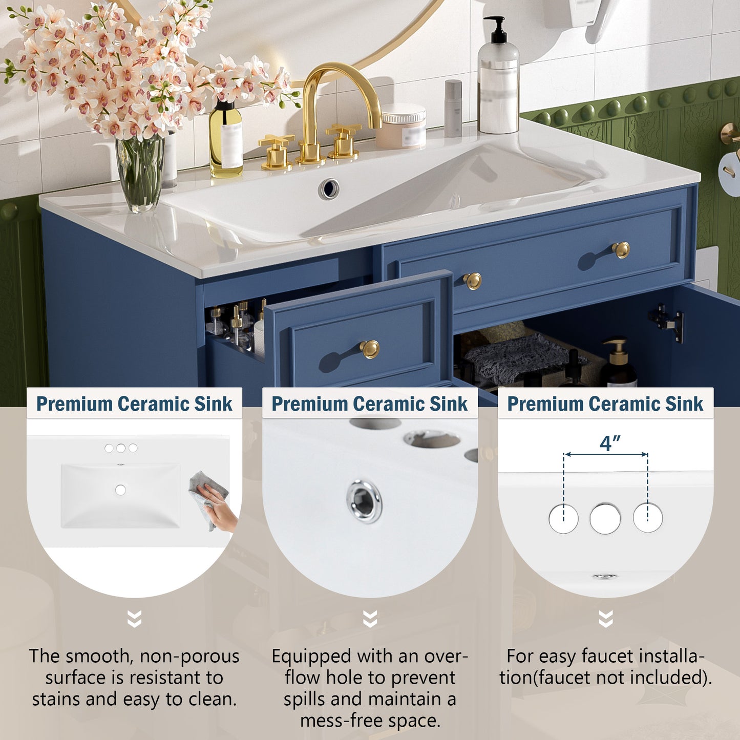 VanityFus 36-in Blue Bathroom Vanity Single Sink Combo with Ceramic White Top 2 Soft-Close Doors 2 drawer