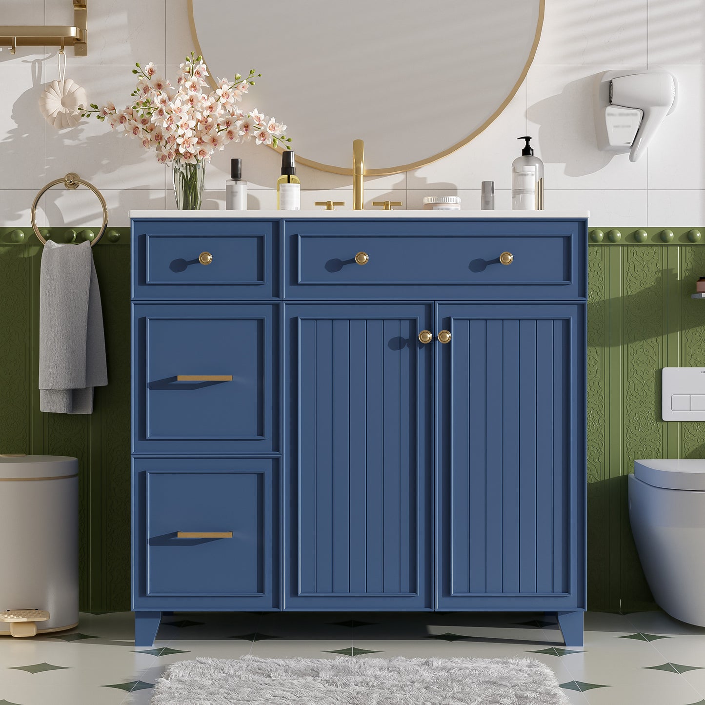 VanityFus 36-in Blue Bathroom Vanity Single Sink Combo with Ceramic White Top 2 Soft-Close Doors 2 drawer