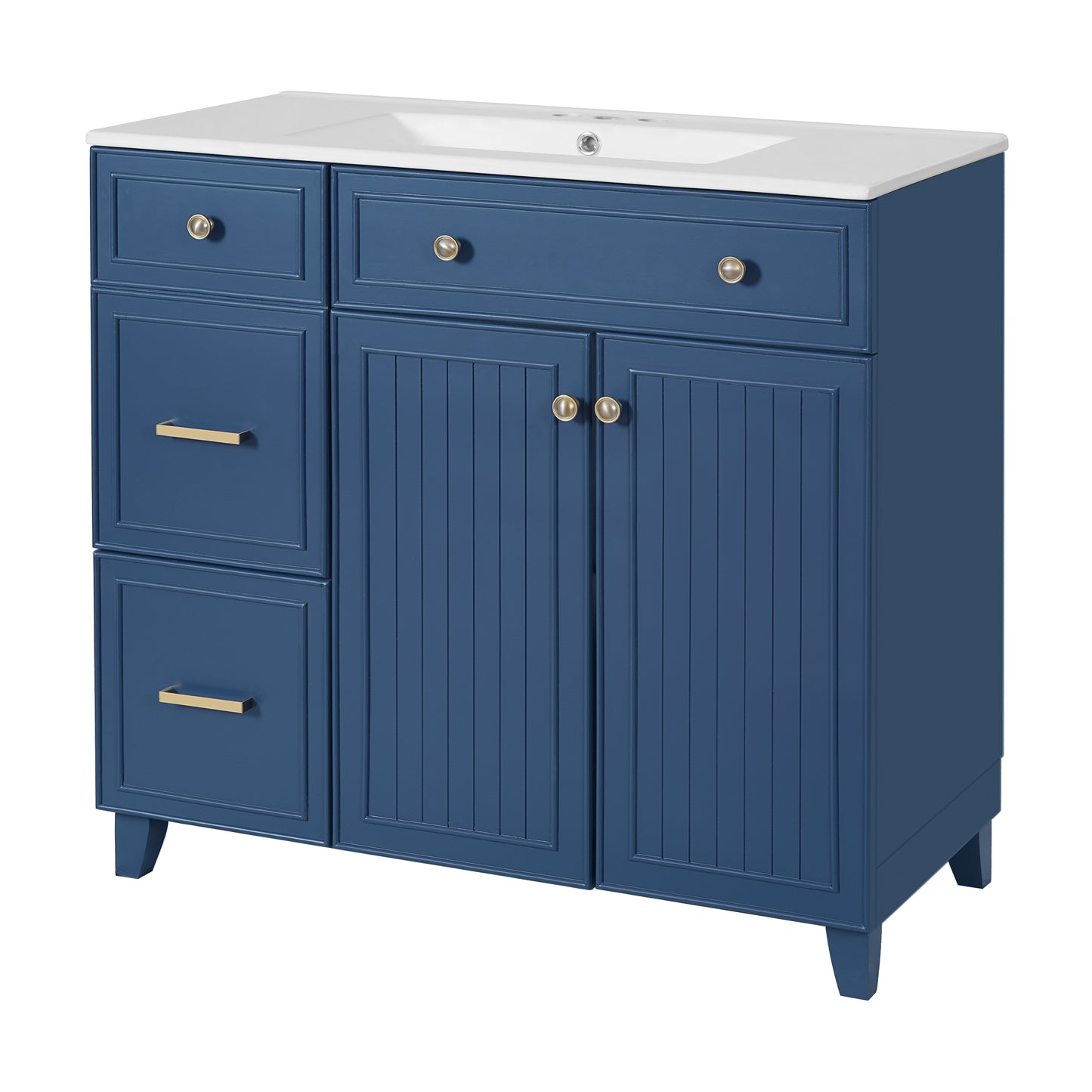 VanityFus 36-in Blue Bathroom Vanity Single Sink Combo with Ceramic White Top 2 Soft-Close Doors 2 drawer