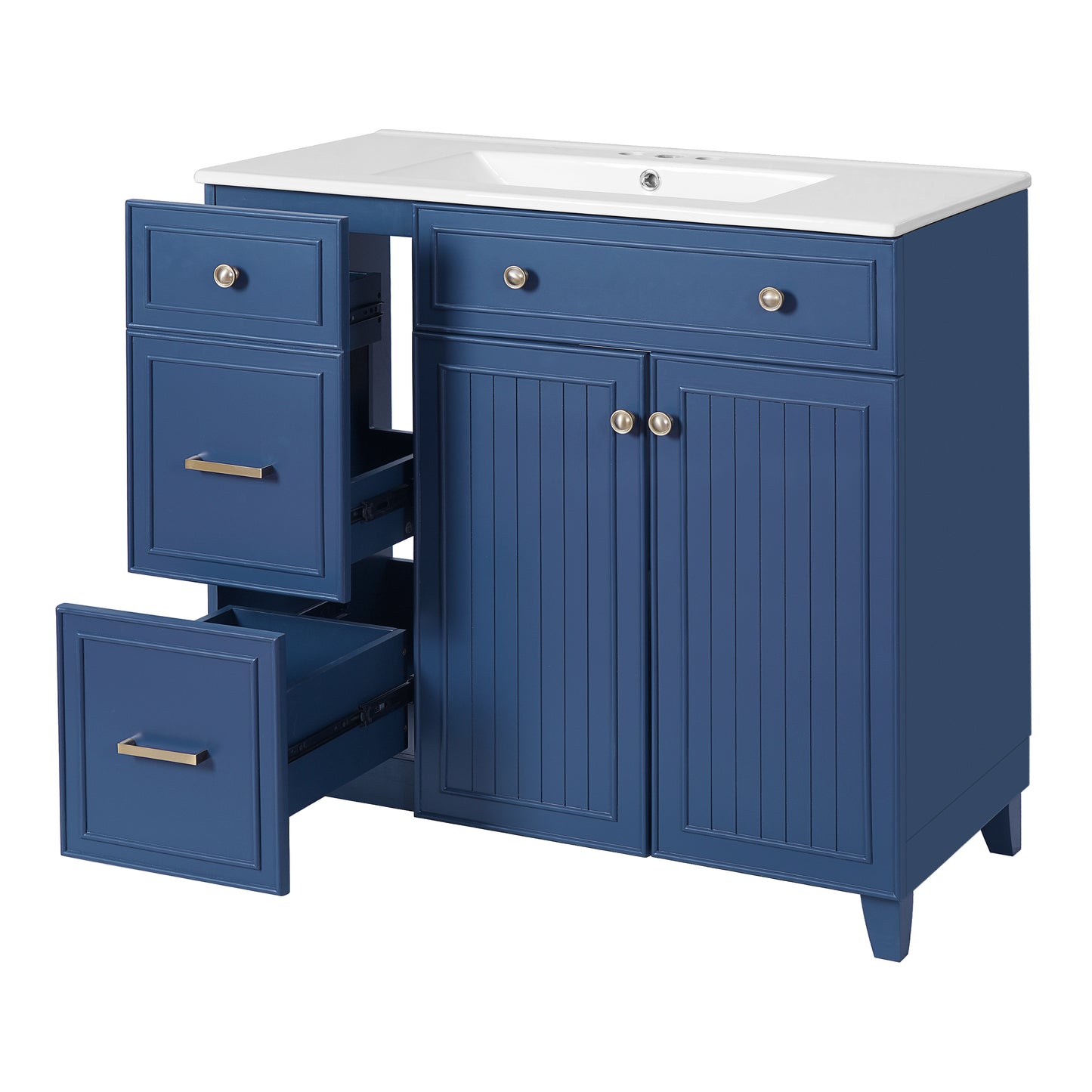 VanityFus 36-in Blue Bathroom Vanity Single Sink Combo with Ceramic White Top 2 Soft-Close Doors 2 drawer