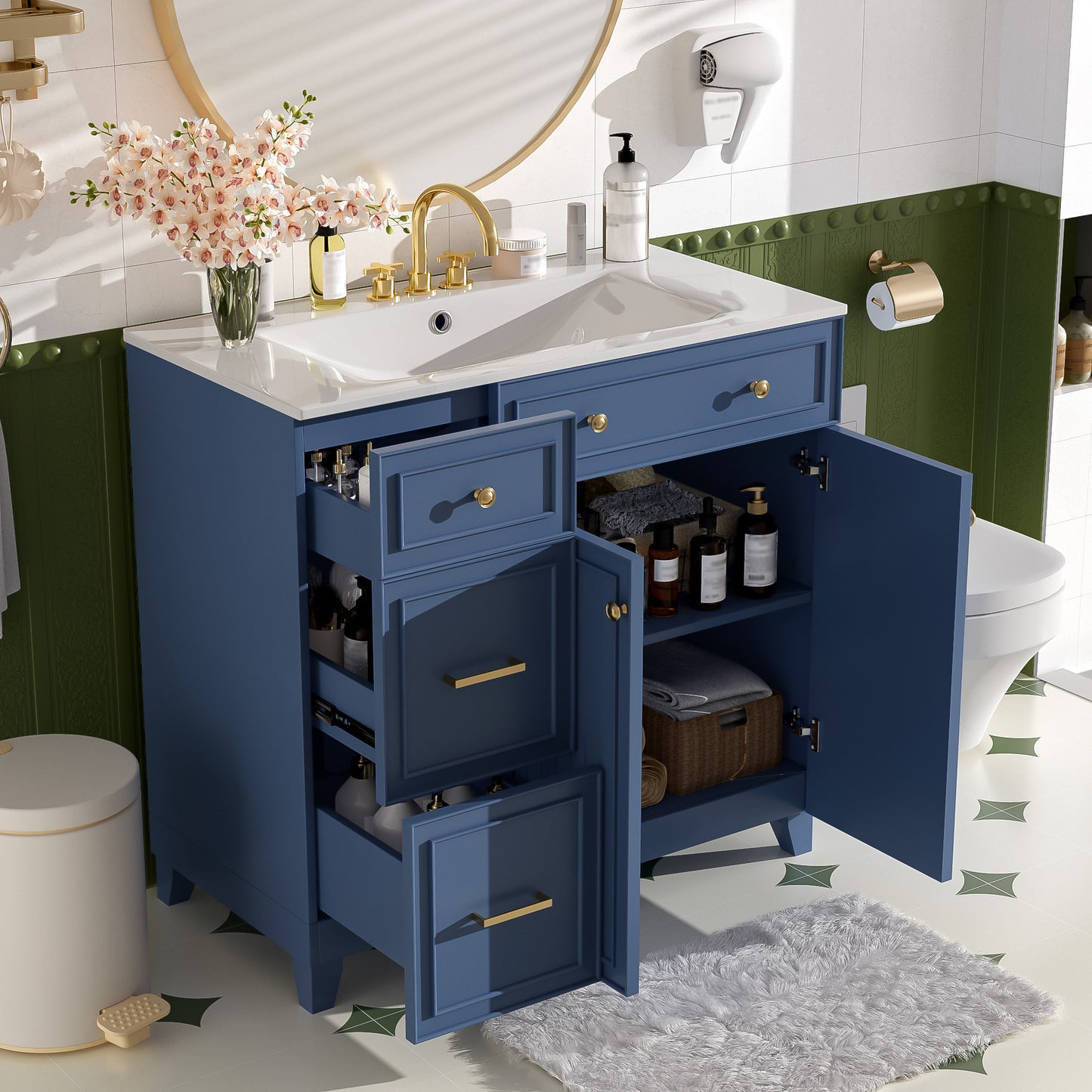 VanityFus 36-in Blue Bathroom Vanity Single Sink Combo with Ceramic White Top 2 Soft-Close Doors 2 drawer