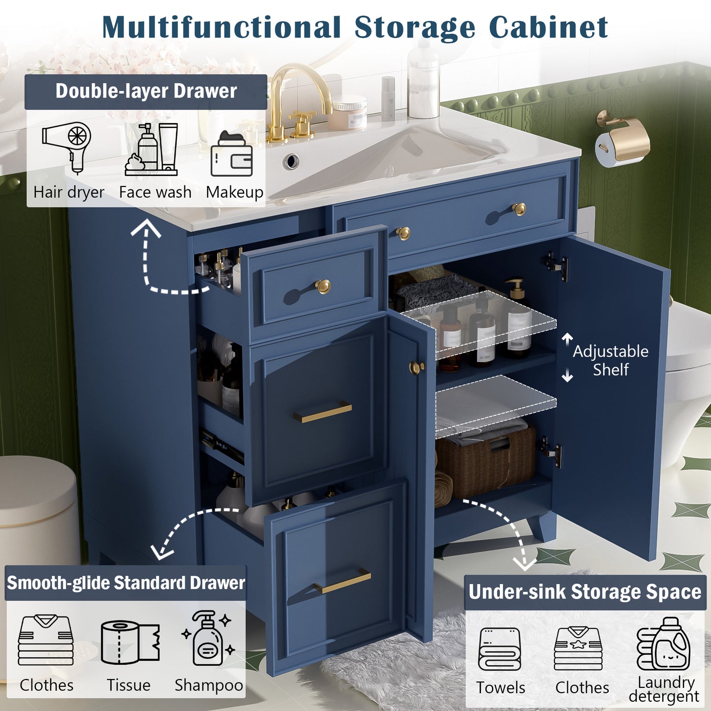 VanityFus 36-in Blue Bathroom Vanity Single Sink Combo with Ceramic White Top 2 Soft-Close Doors 2 drawer