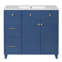 VanityFus 36-in Blue Bathroom Vanity Single Sink Combo with Ceramic White Top 2 Soft-Close Doors 2 drawer