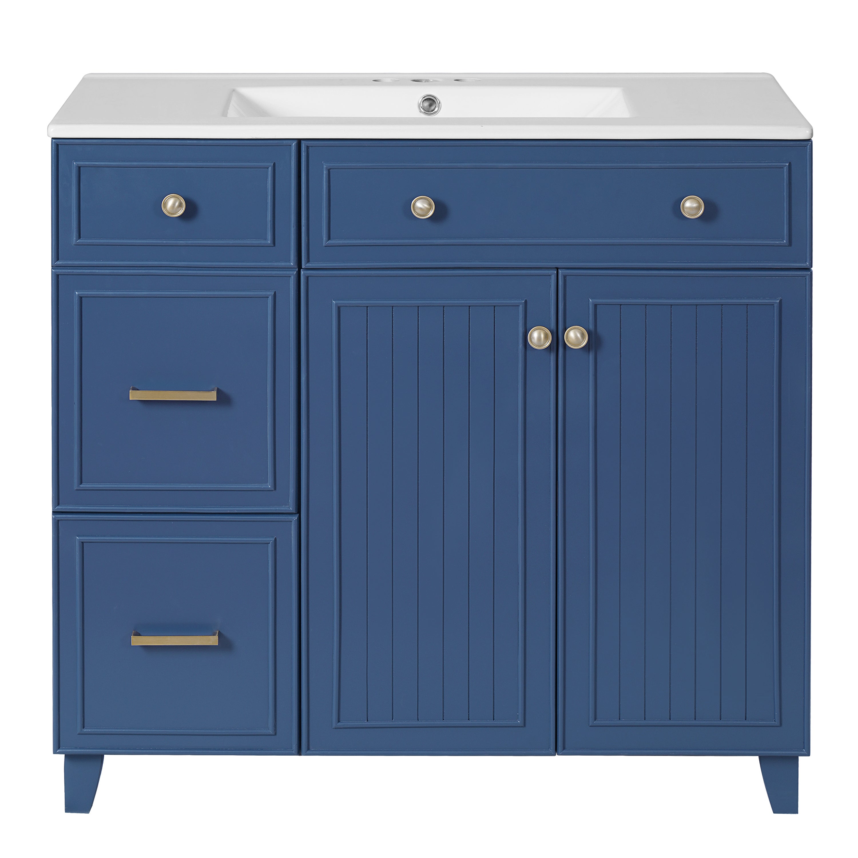 VanityFus 36-in Blue Bathroom Vanity Single Sink Combo with Ceramic White Top 2 Soft-Close Doors 2 drawer