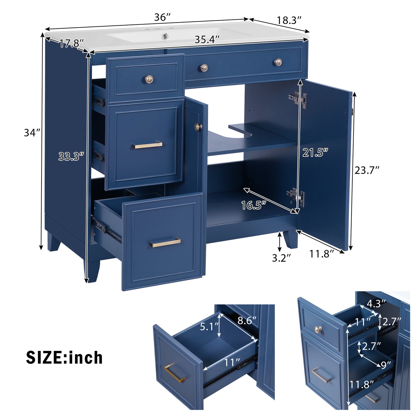 VanityFus 36-in Blue Bathroom Vanity Single Sink Combo with Ceramic White Top 2 Soft-Close Doors 2 drawer