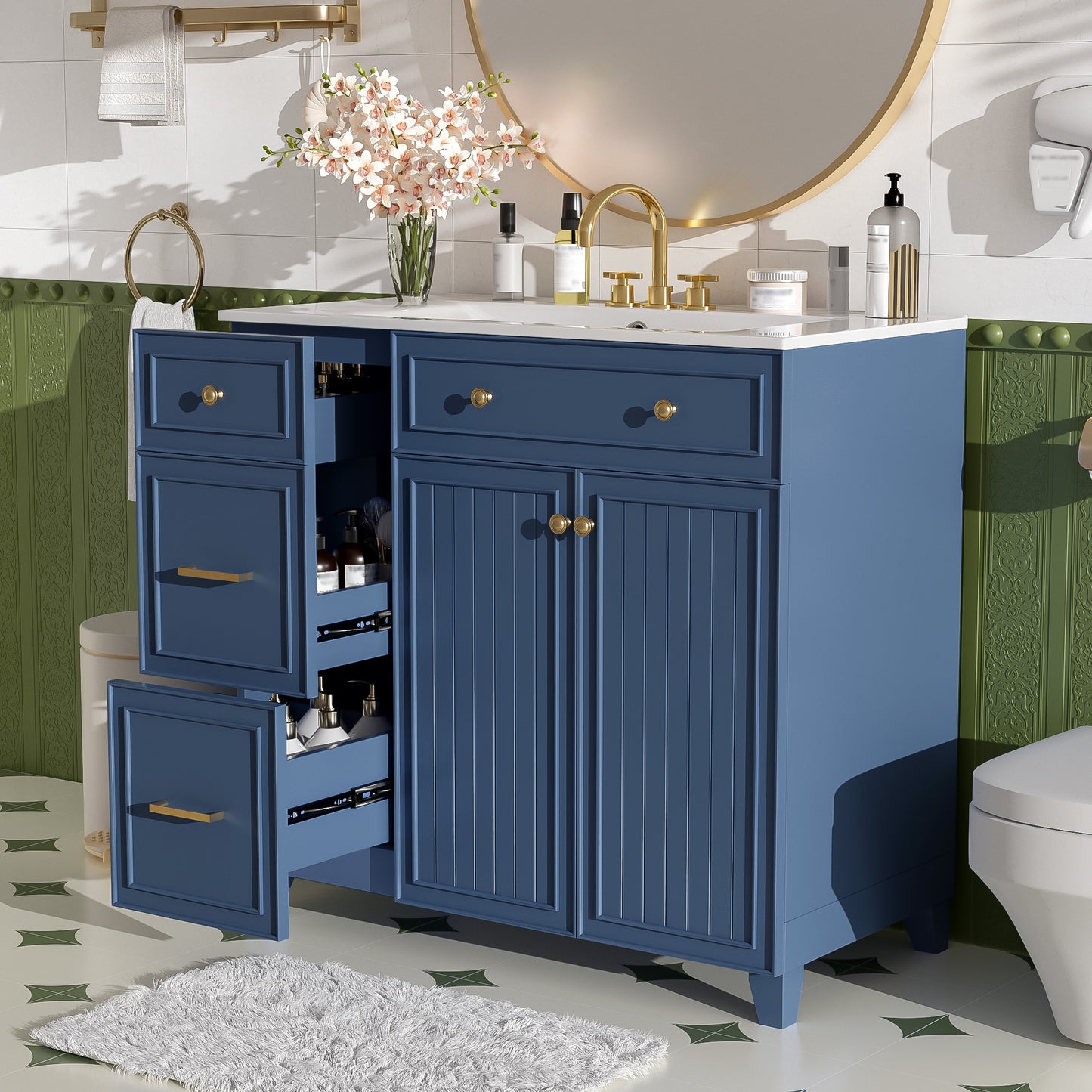 VanityFus 36-in Blue Bathroom Vanity Single Sink Combo with Ceramic White Top 2 Soft-Close Doors 2 drawer