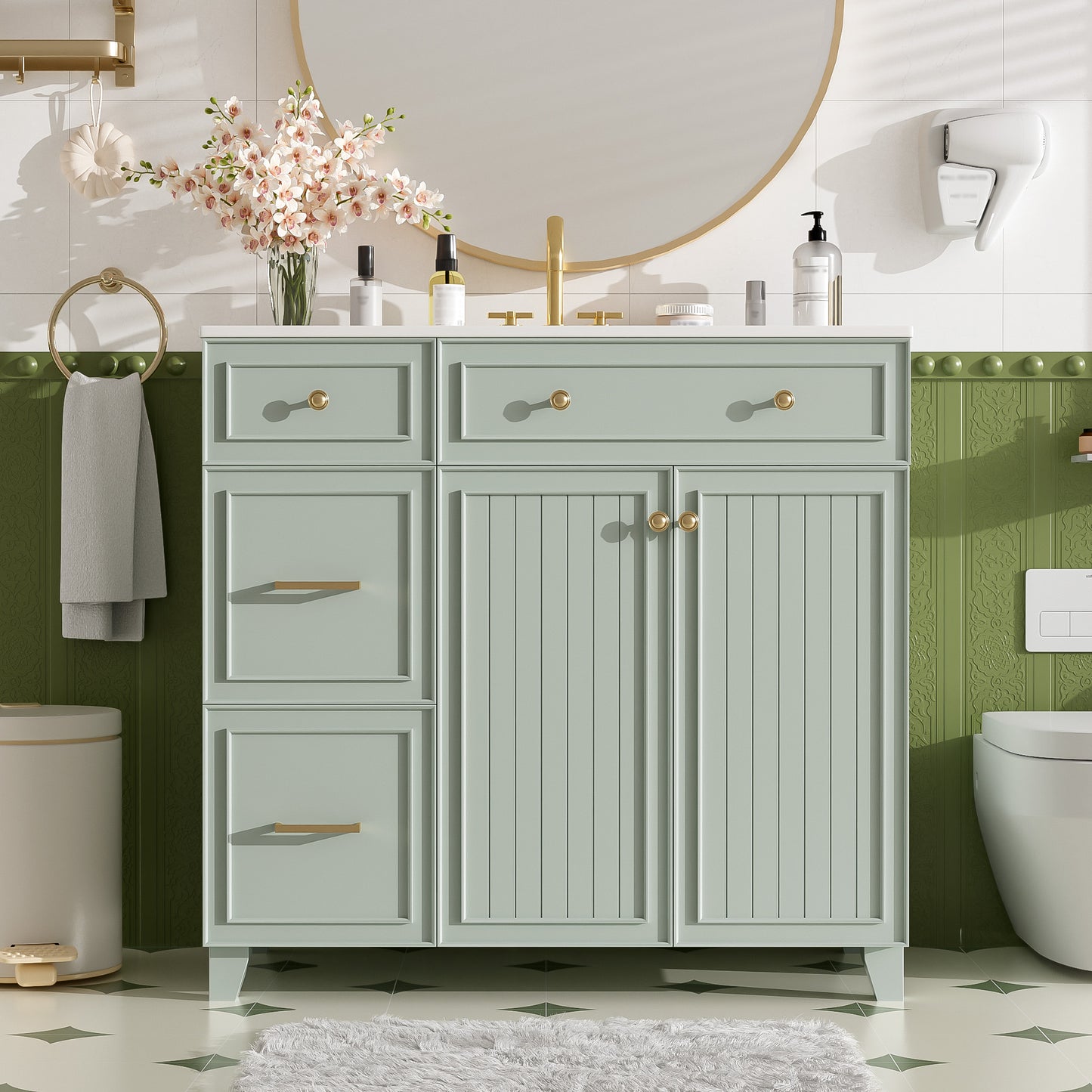 VanityFus 36-in Green Bathroom Vanity Single Sink Combo with Ceramic White Top 2 Soft-Close Doors 2 drawer