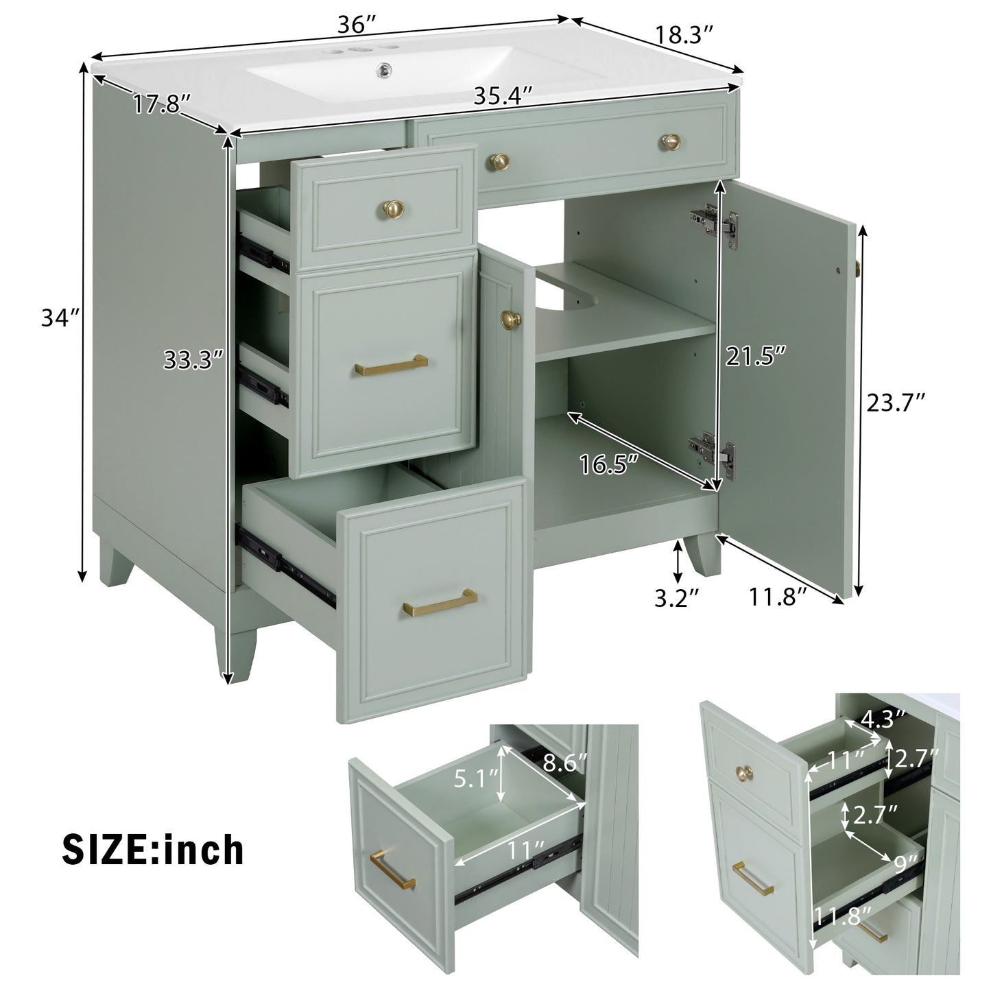 VanityFus 36-in Green Bathroom Vanity Single Sink Combo with Ceramic White Top 2 Soft-Close Doors 2 drawer