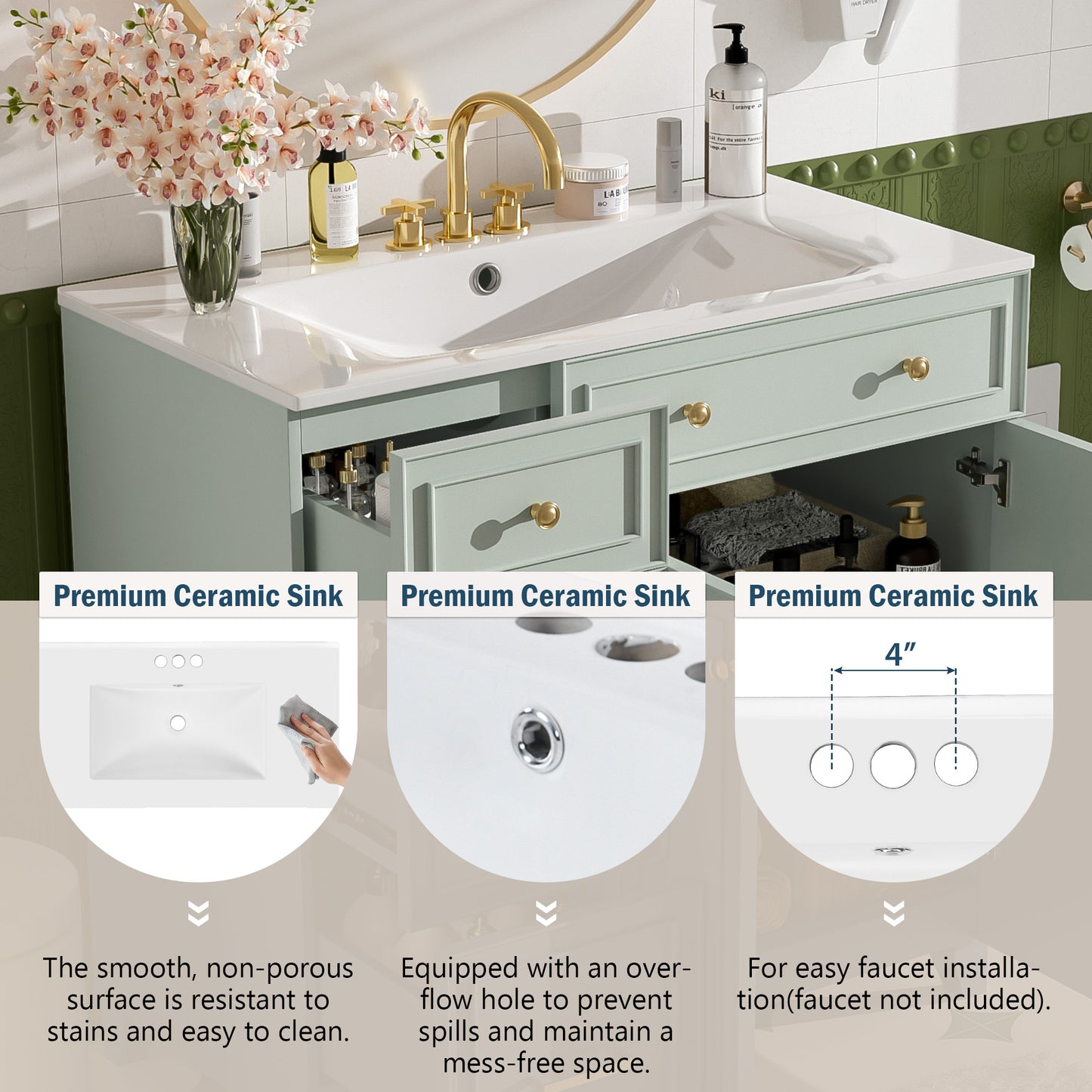 VanityFus 36-in Green Bathroom Vanity Single Sink Combo with Ceramic White Top 2 Soft-Close Doors 2 drawer