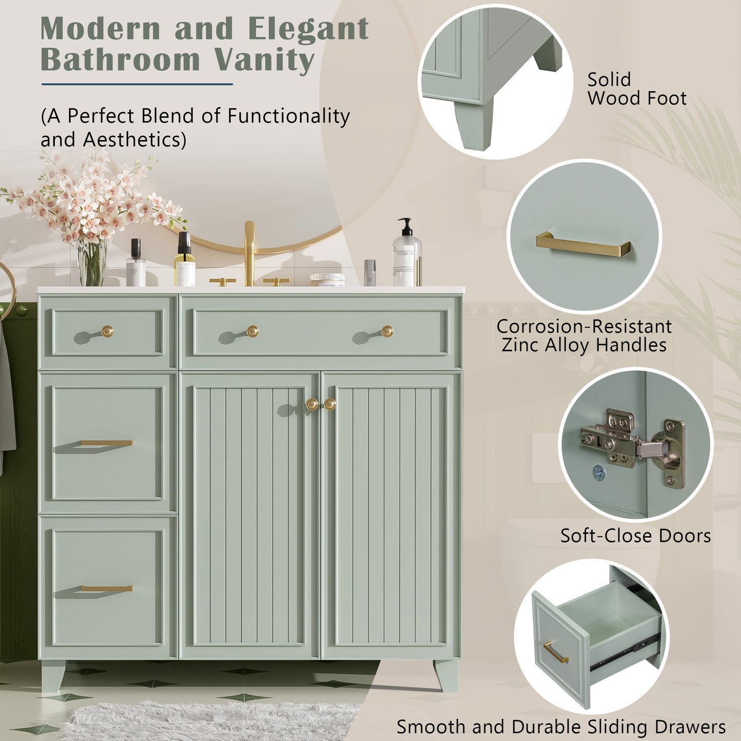 VanityFus 36-in Green Bathroom Vanity Single Sink Combo with Ceramic White Top 2 Soft-Close Doors 2 drawer