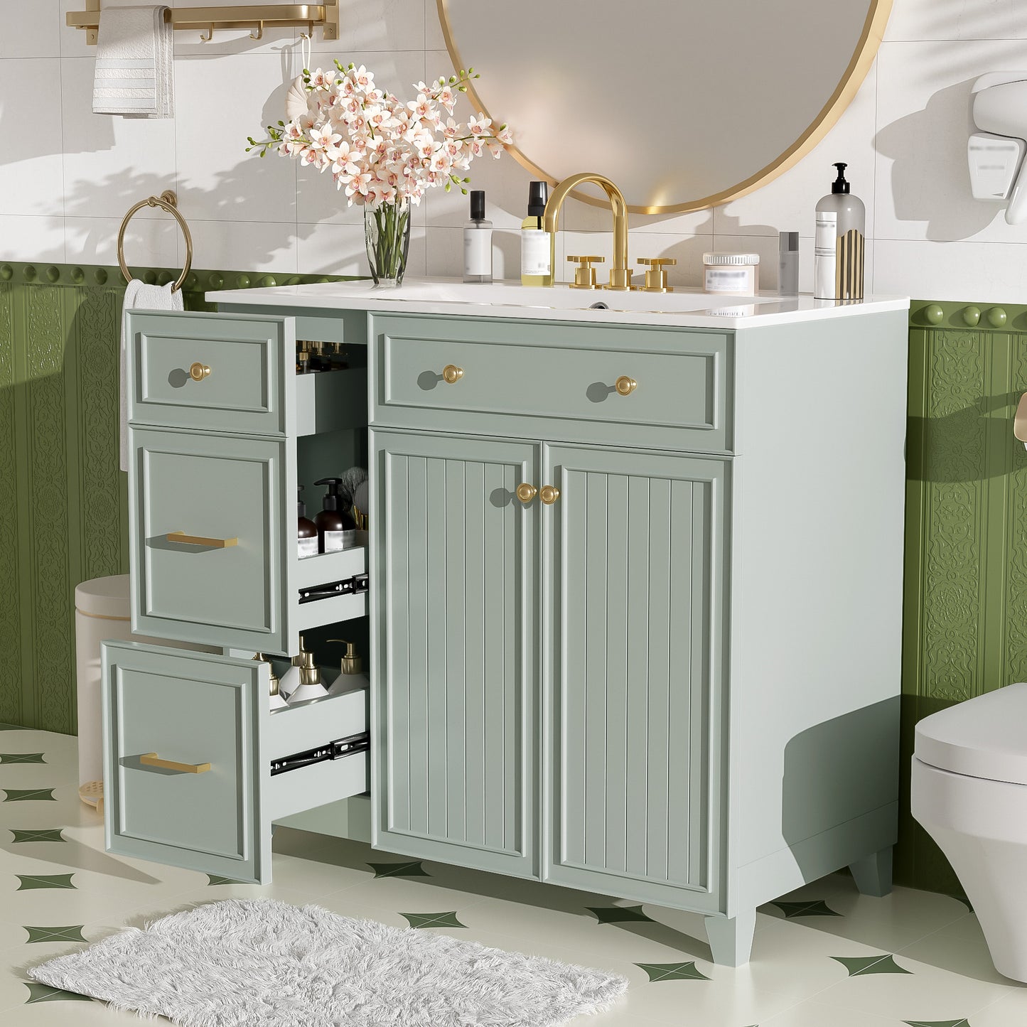 VanityFus 36-in Green Bathroom Vanity Single Sink Combo with Ceramic White Top 2 Soft-Close Doors 2 drawer