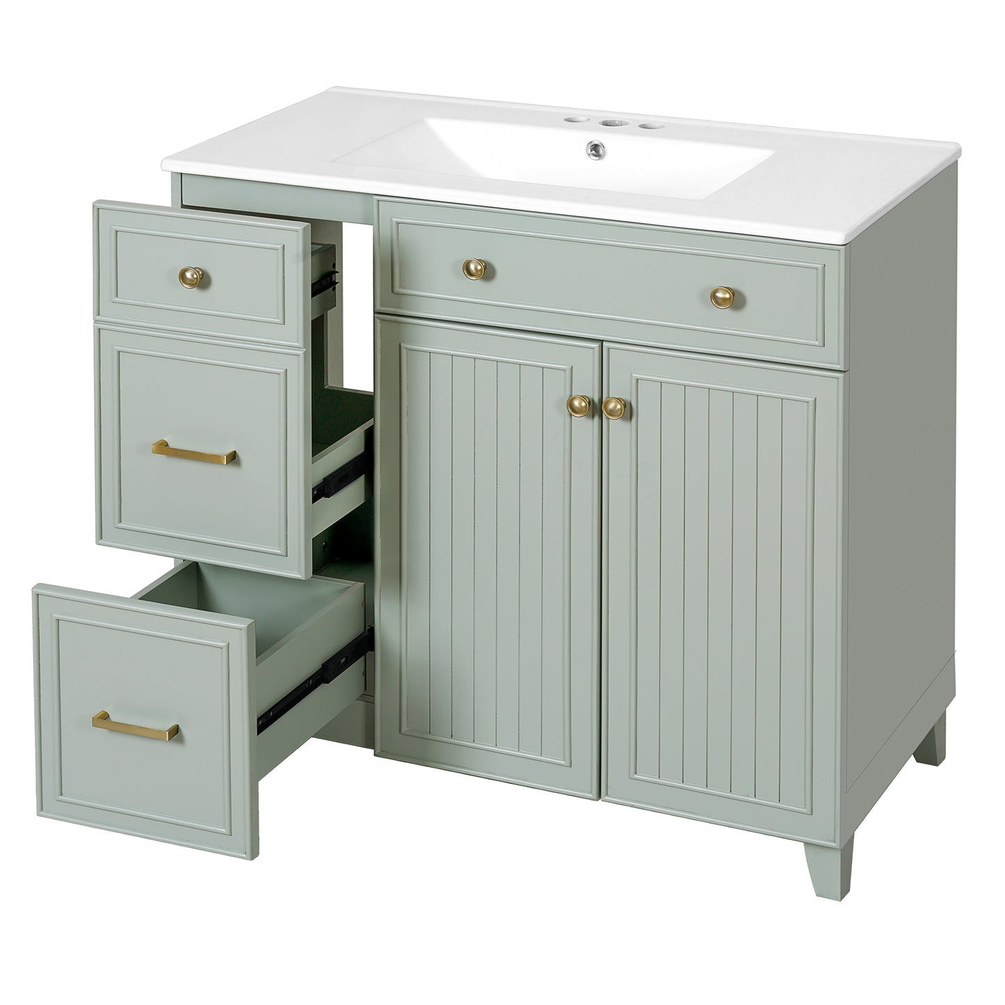 VanityFus 36-in Green Bathroom Vanity Single Sink Combo with Ceramic White Top 2 Soft-Close Doors 2 drawer
