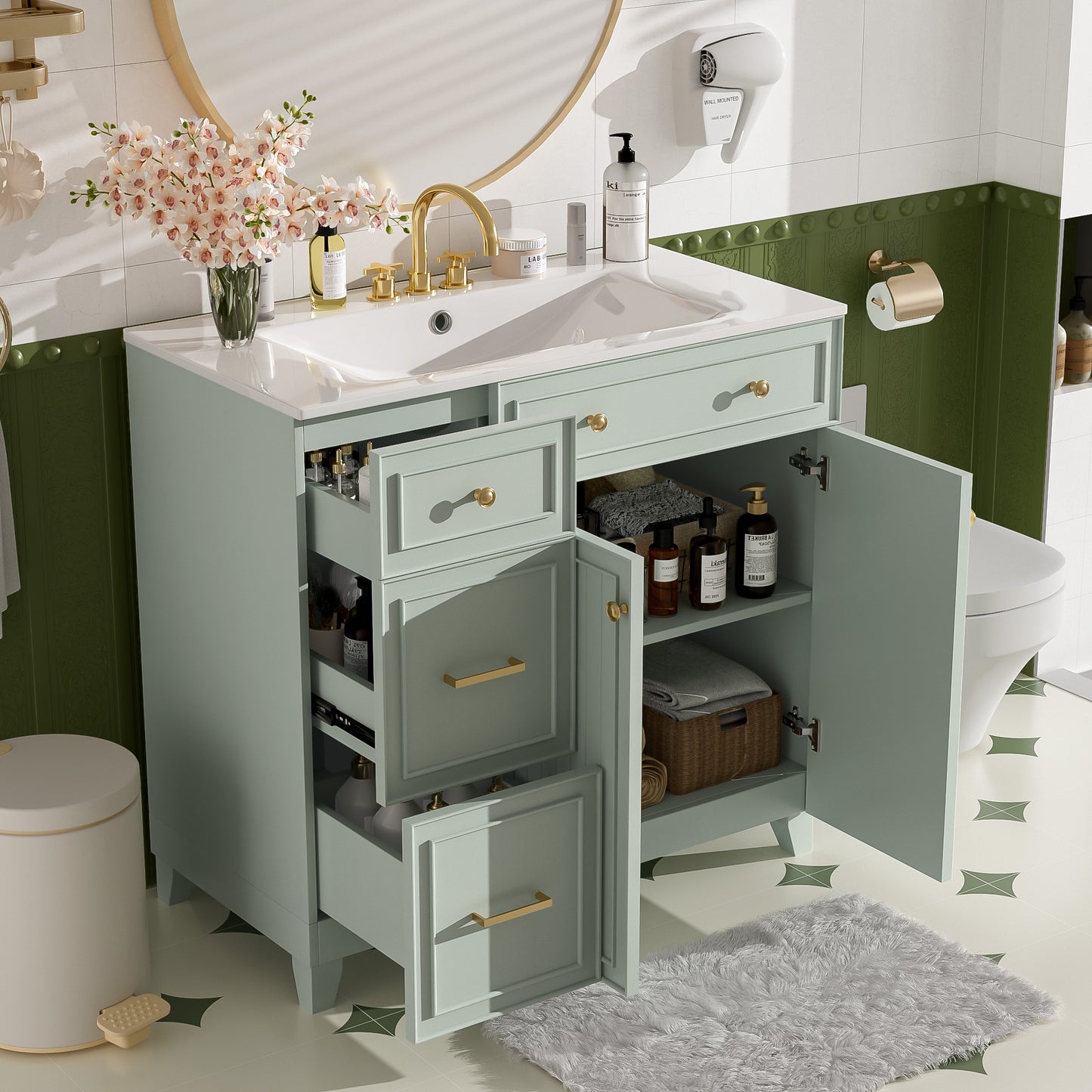 VanityFus 36-in Green Bathroom Vanity Single Sink Combo with Ceramic White Top 2 Soft-Close Doors 2 drawer