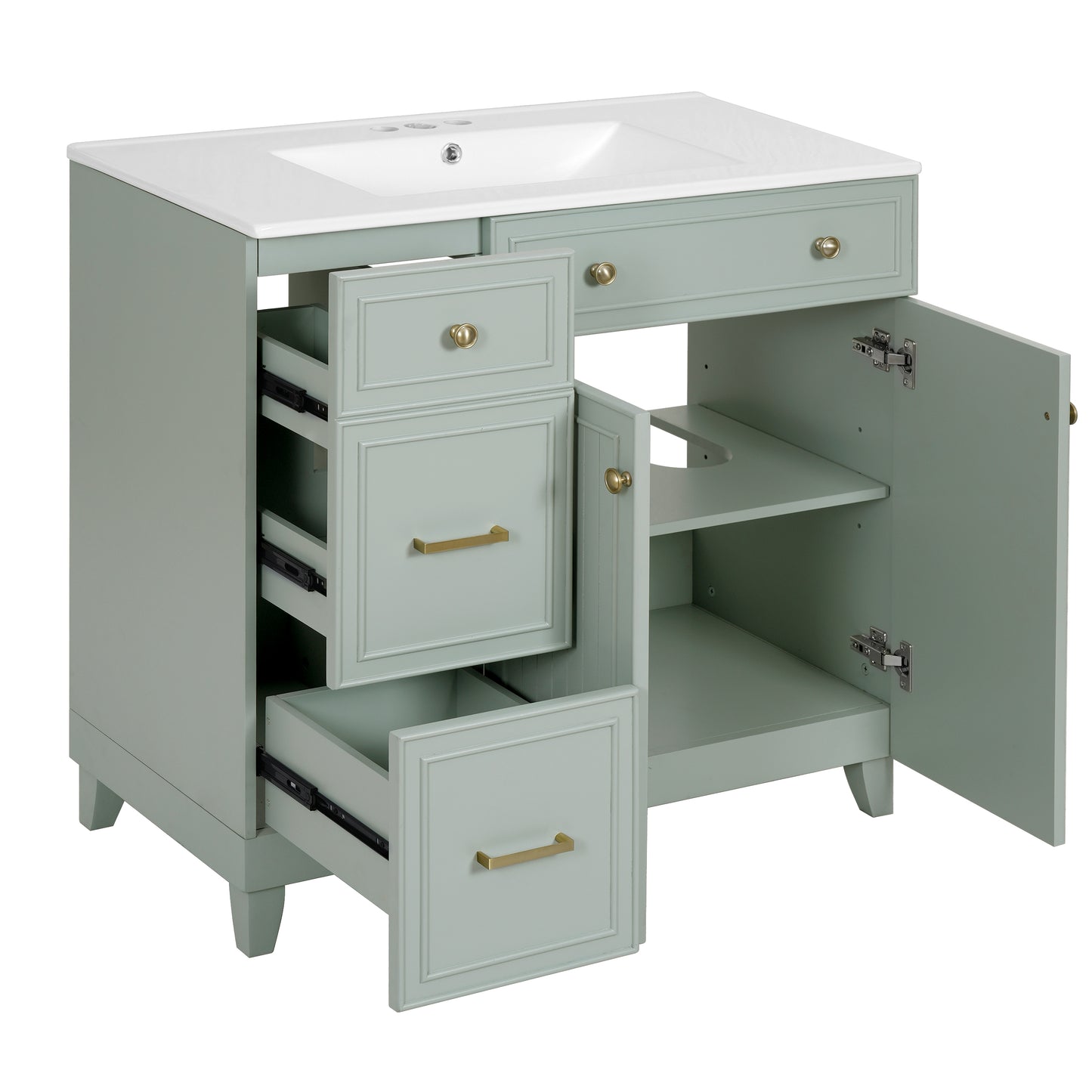 VanityFus 36-in Green Bathroom Vanity Single Sink Combo with Ceramic White Top 2 Soft-Close Doors 2 drawer