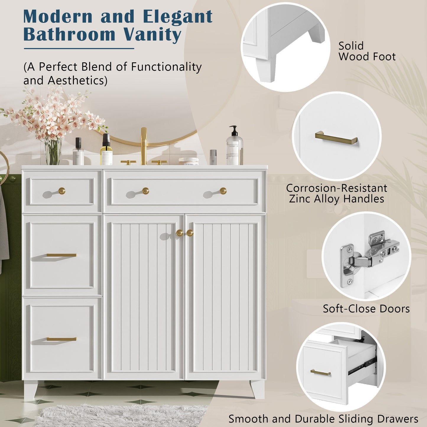 VanityFus 36-in White Bathroom Vanity Single Sink Combo with Ceramic White Top 2 Soft-Close Doors 2 drawer