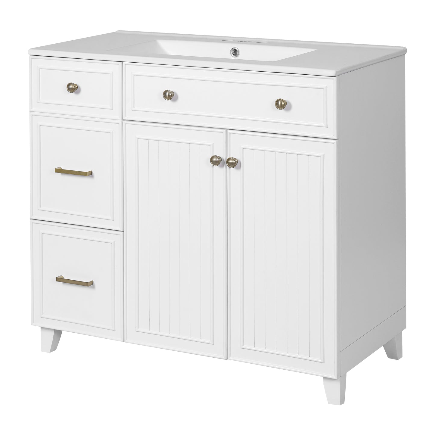 VanityFus 36-in White Bathroom Vanity Single Sink Combo with Ceramic White Top 2 Soft-Close Doors 2 drawer