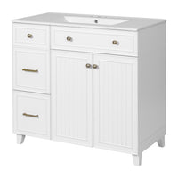 VanityFus 36-in White Bathroom Vanity Single Sink Combo with Ceramic White Top 2 Soft-Close Doors 2 drawer