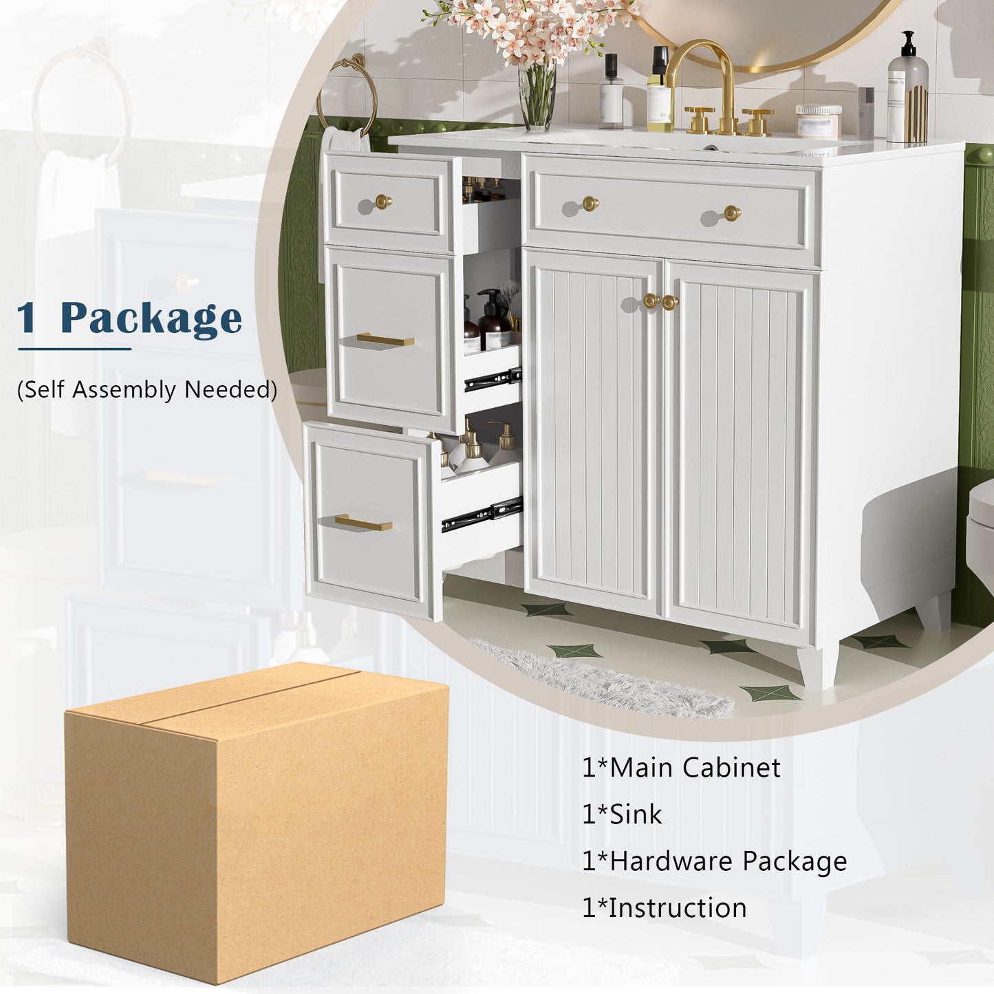 VanityFus 36-in White Bathroom Vanity Single Sink Combo with Ceramic White Top 2 Soft-Close Doors 2 drawer