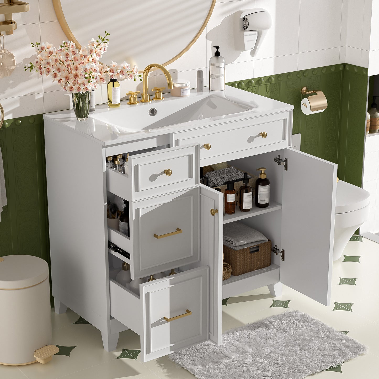 VanityFus 36-in White Bathroom Vanity Single Sink Combo with Ceramic White Top 2 Soft-Close Doors 2 drawer
