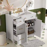VanityFus 36-in White Bathroom Vanity Single Sink Combo with Ceramic White Top 2 Soft-Close Doors 2 drawer