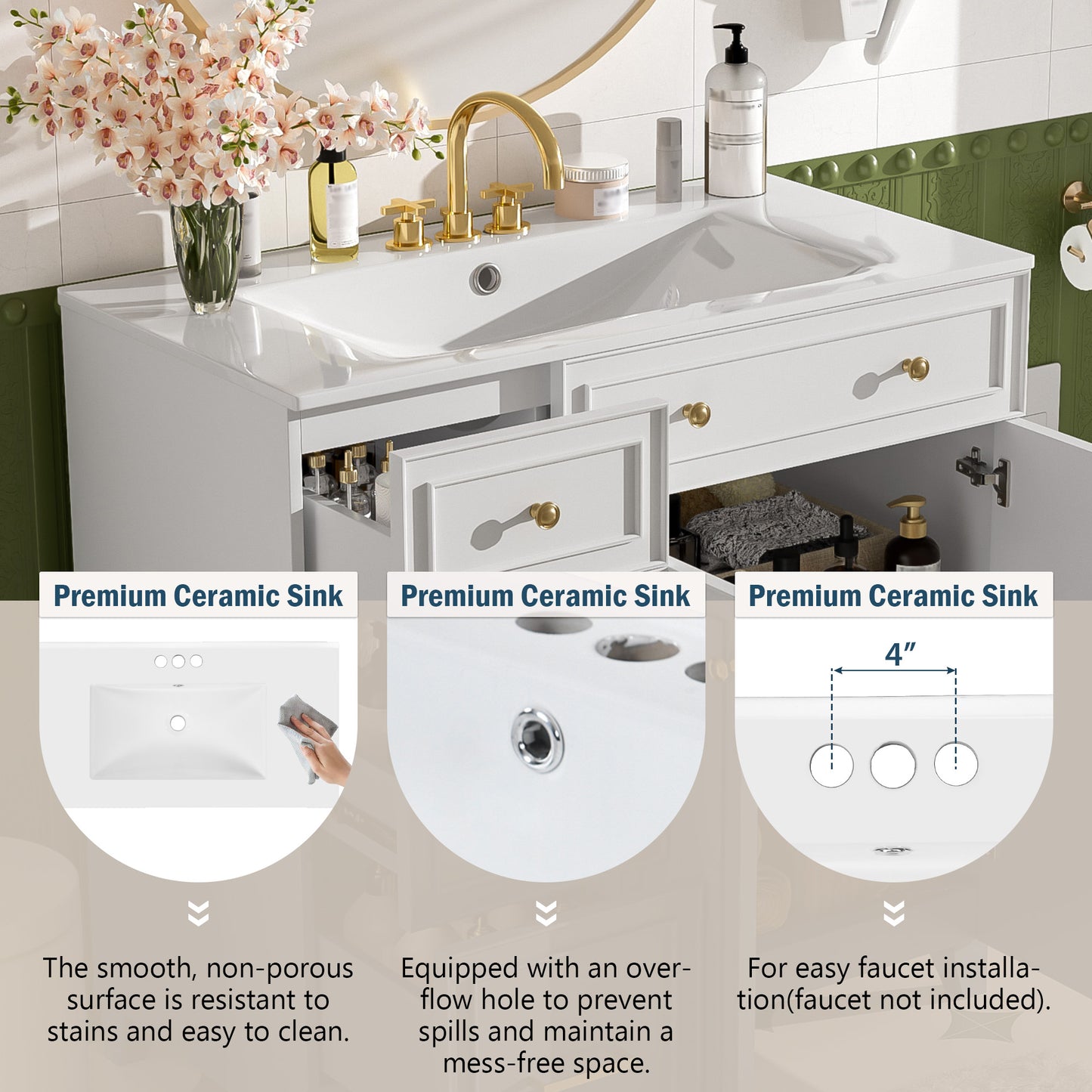 VanityFus 36-in White Bathroom Vanity Single Sink Combo with Ceramic White Top 2 Soft-Close Doors 2 drawer