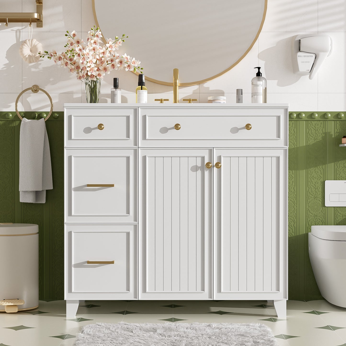 VanityFus 36-in White Bathroom Vanity Single Sink Combo with Ceramic White Top 2 Soft-Close Doors 2 drawer