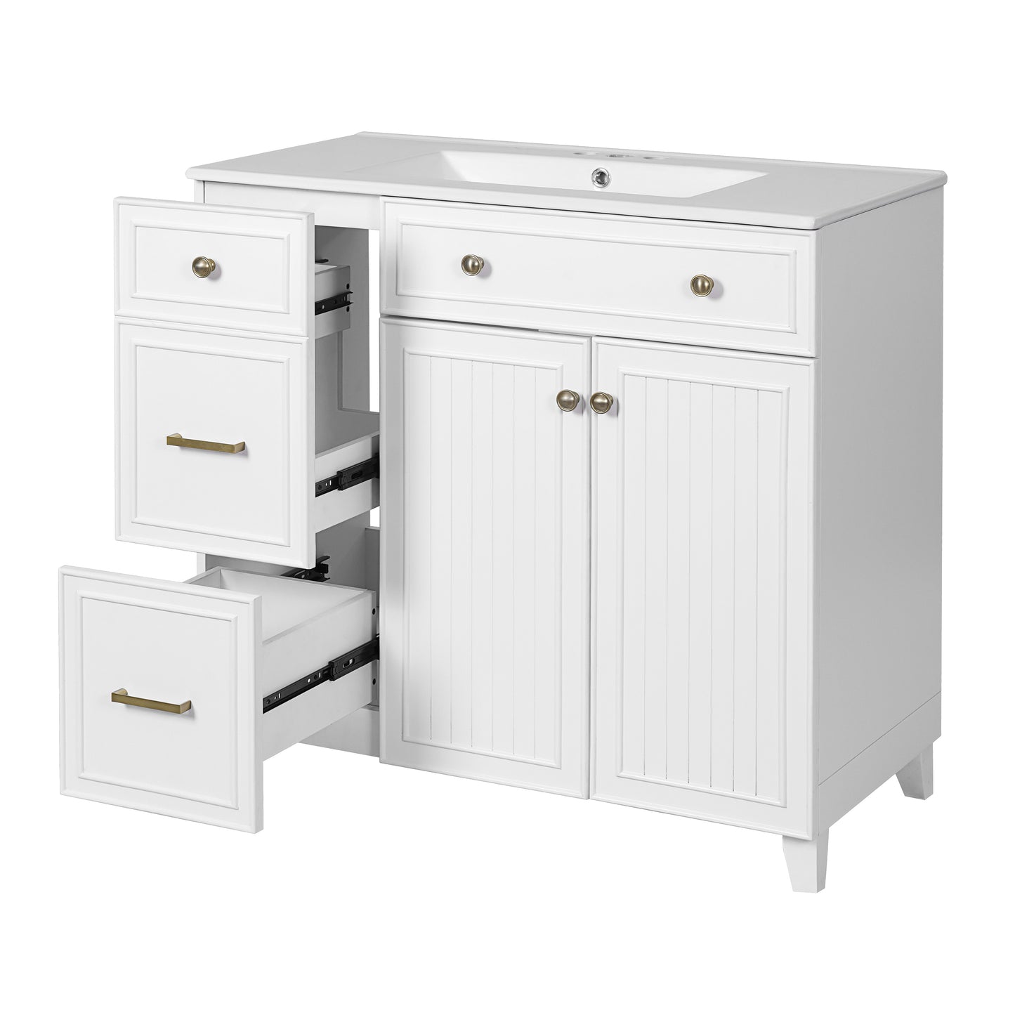 VanityFus 36-in White Bathroom Vanity Single Sink Combo with Ceramic White Top 2 Soft-Close Doors 2 drawer
