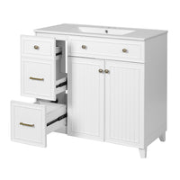 VanityFus 36-in White Bathroom Vanity Single Sink Combo with Ceramic White Top 2 Soft-Close Doors 2 drawer