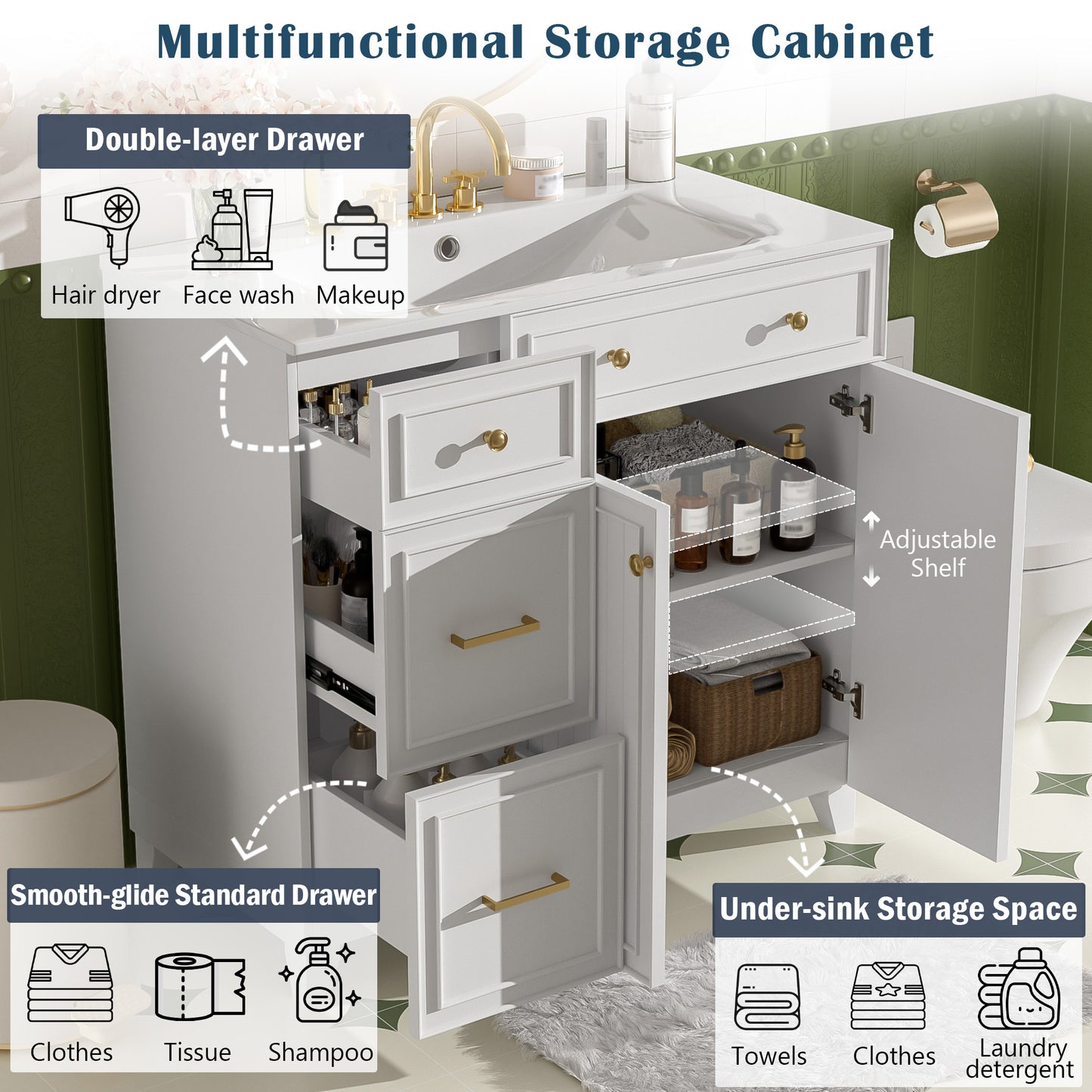 VanityFus 36-in White Bathroom Vanity Single Sink Combo with Ceramic White Top 2 Soft-Close Doors 2 drawer