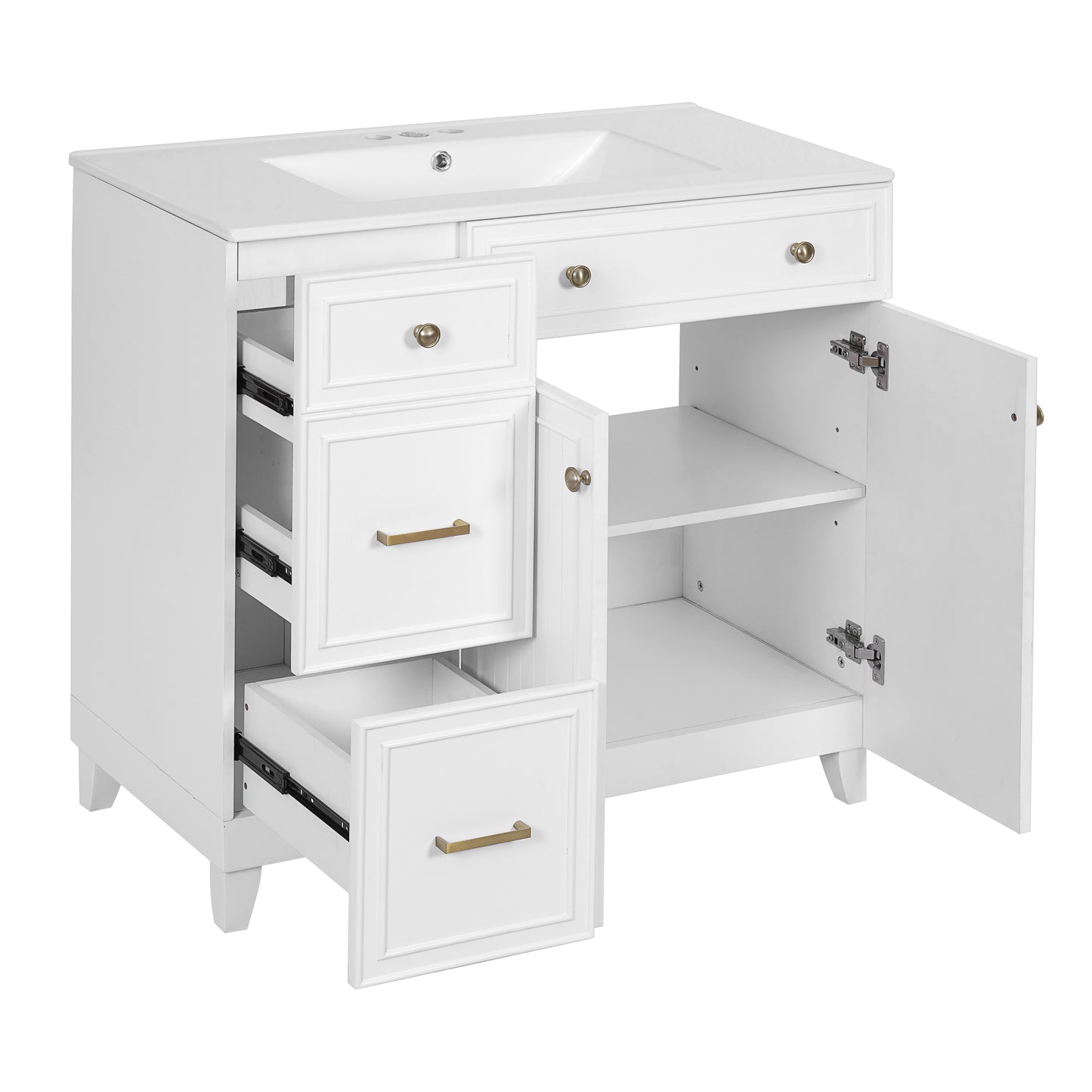 VanityFus 36-in White Bathroom Vanity Single Sink Combo with Ceramic White Top 2 Soft-Close Doors 2 drawer