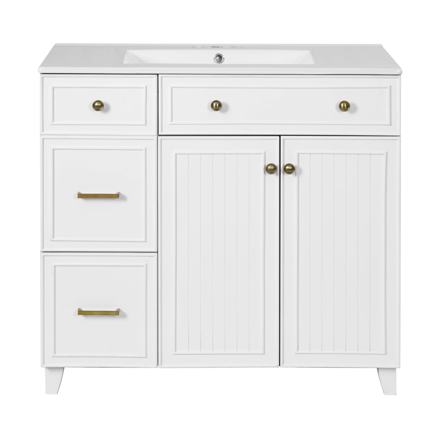 VanityFus 36-in White Bathroom Vanity Single Sink Combo with Ceramic White Top 2 Soft-Close Doors 2 drawer