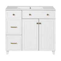 VanityFus 36-in White Bathroom Vanity Single Sink Combo with Ceramic White Top 2 Soft-Close Doors 2 drawer