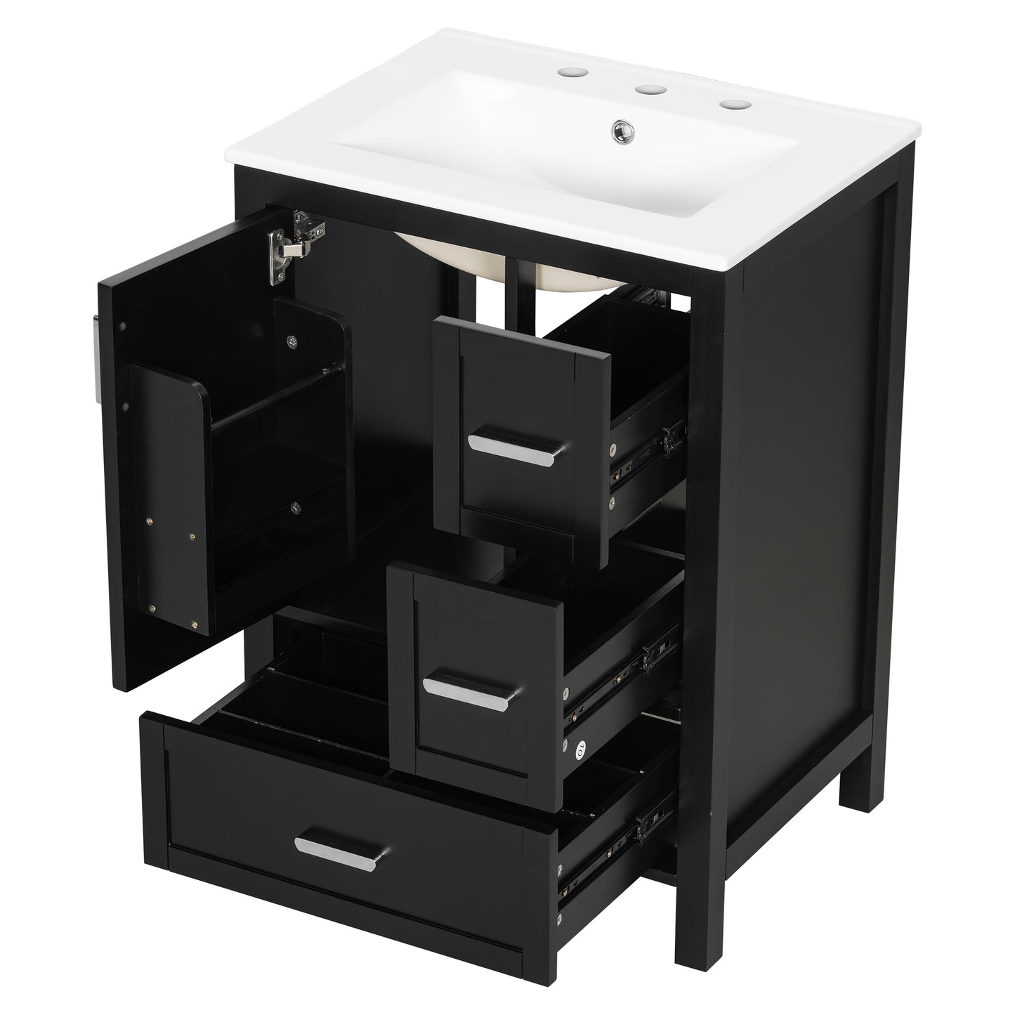 VanityFus Matte Black 24-in Bathroom Vanity Single Sink Combo White Ceramic Top 1 Soft-Close Doors 3 Drawers